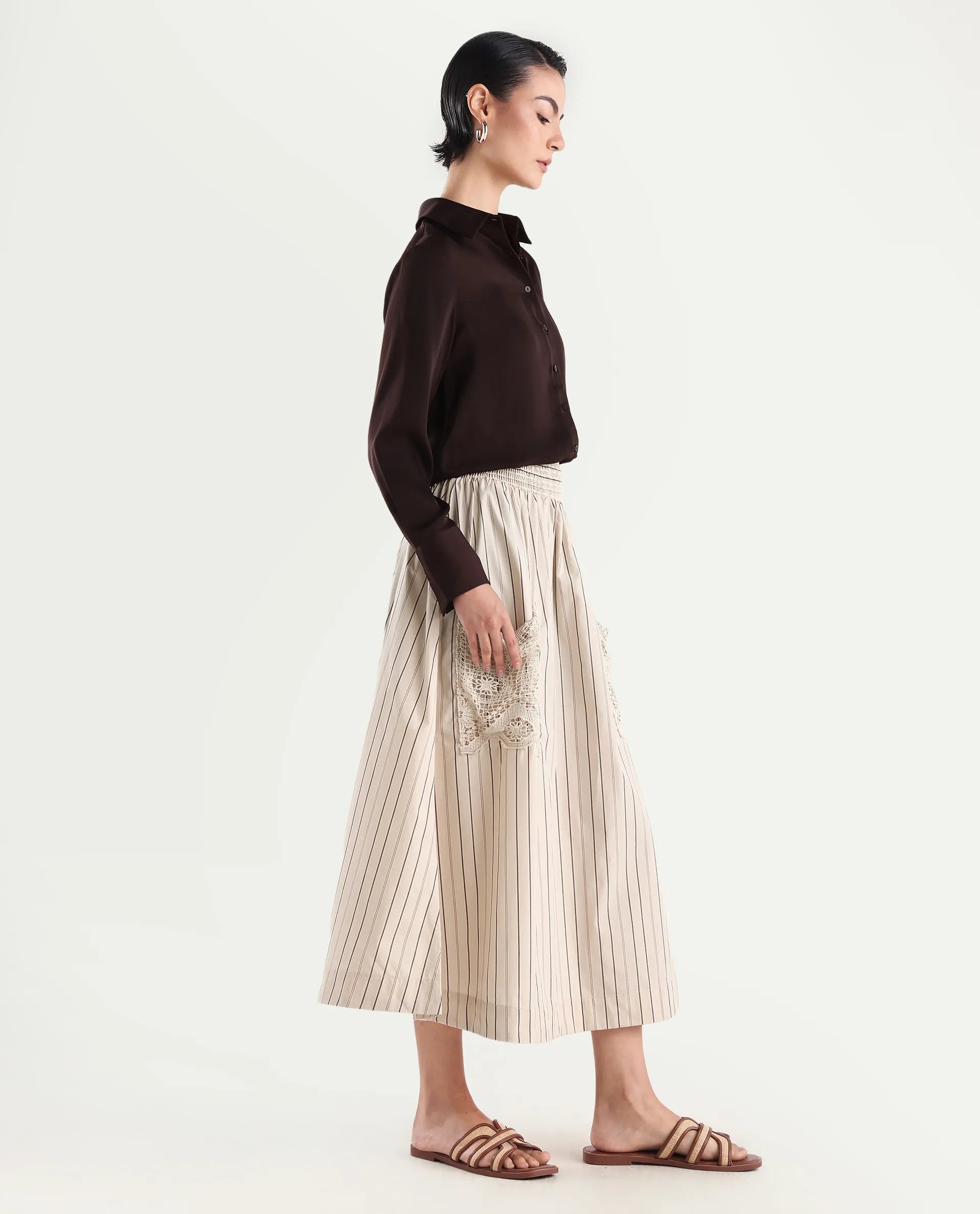 Rareism Women's Cuba-B Light Beige Cotton Plain Midi Flared Skirt