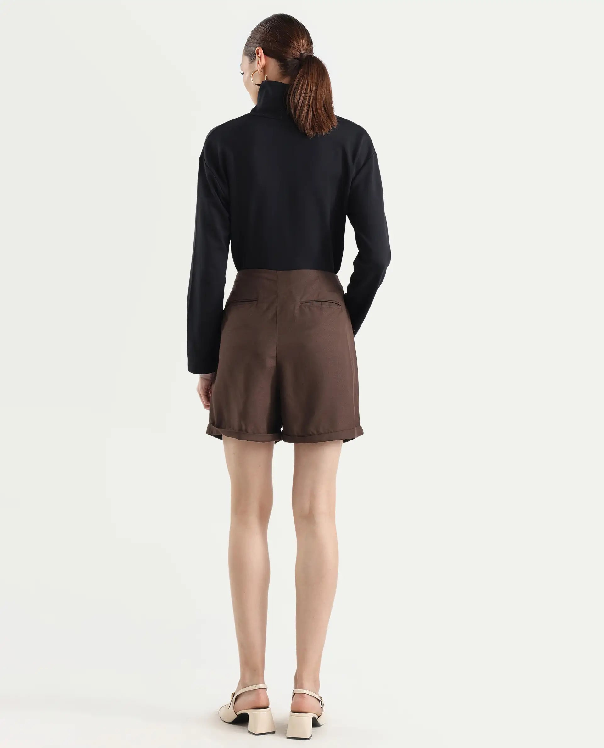 Rareism Women's Cunelo Brown Viscose Blend Plain Mini Regular Fit Shorts