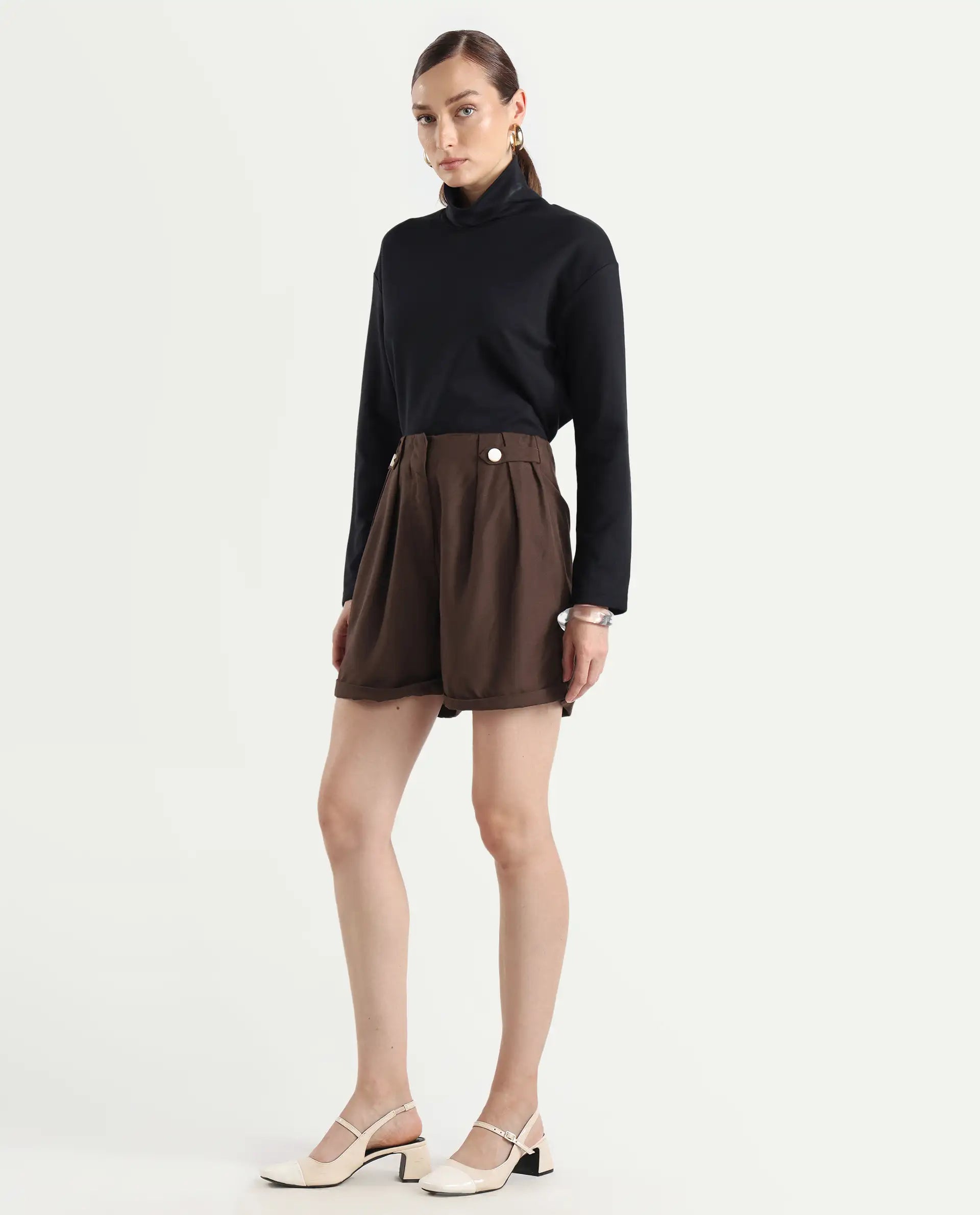 Rareism Women's Cunelo Brown Viscose Blend Plain Mini Regular Fit Shorts