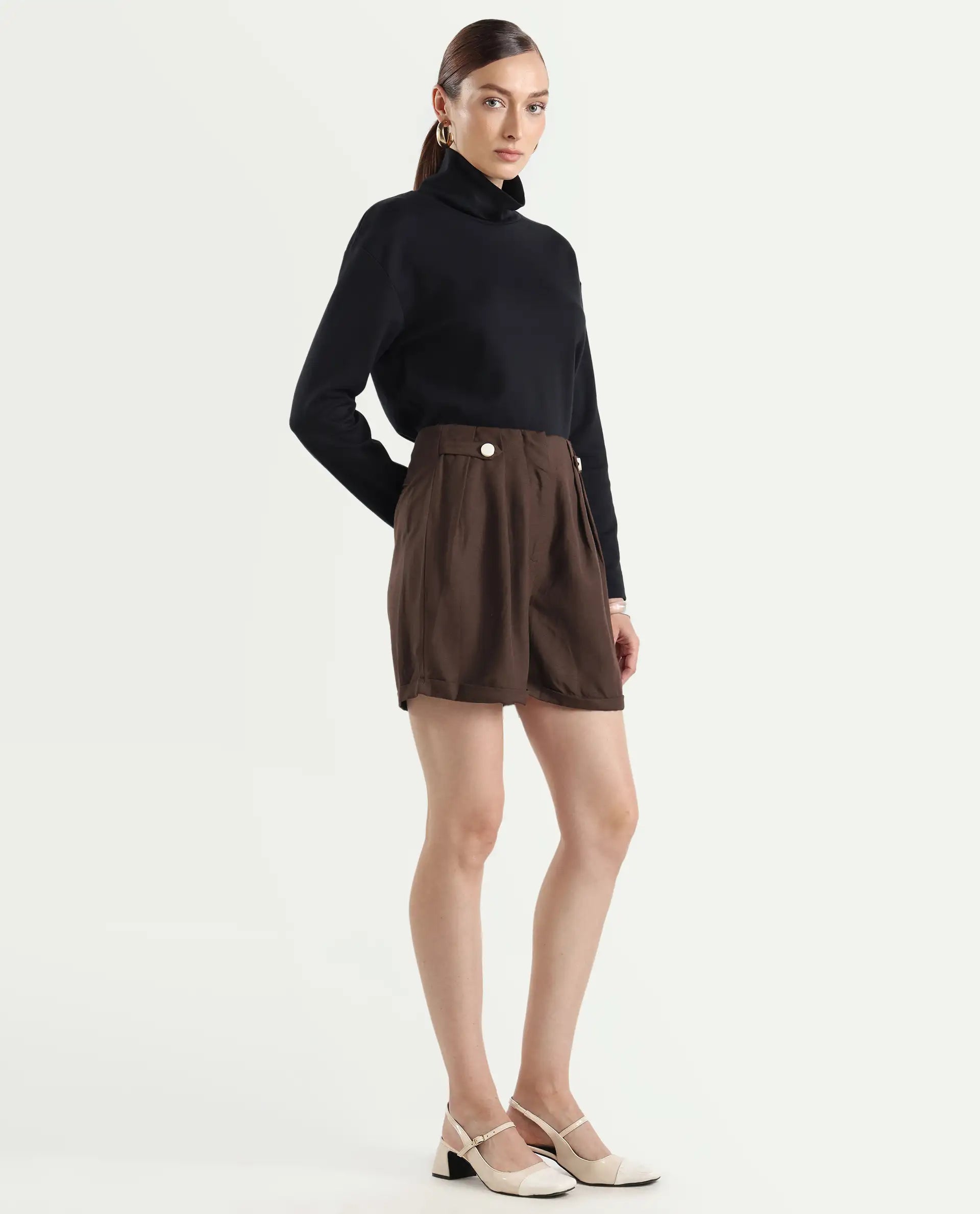 Rareism Women's Cunelo Brown Viscose Blend Plain Mini Regular Fit Shorts