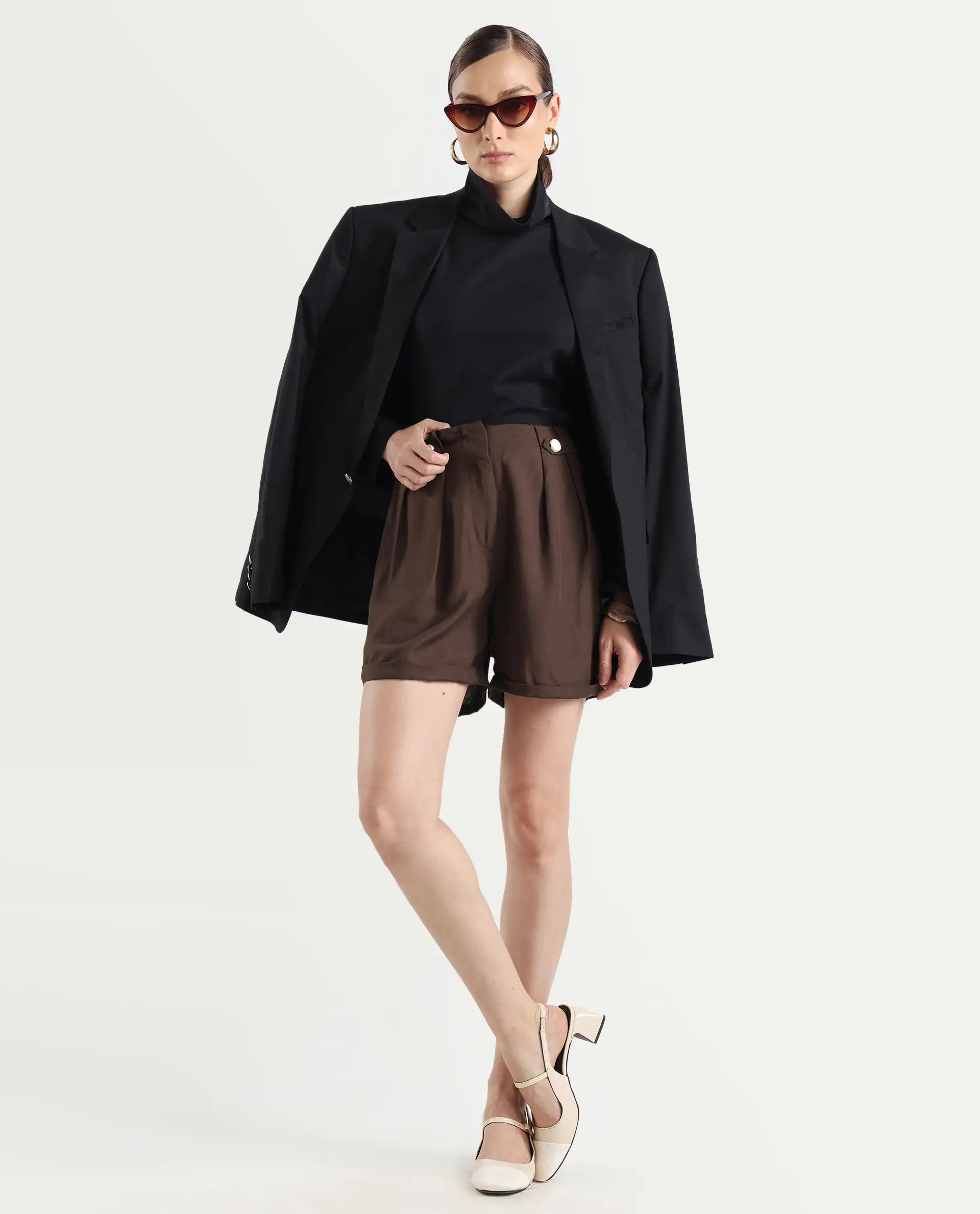 Rareism Women's Cunelo Brown Viscose Blend Plain Mini Regular Fit Shorts