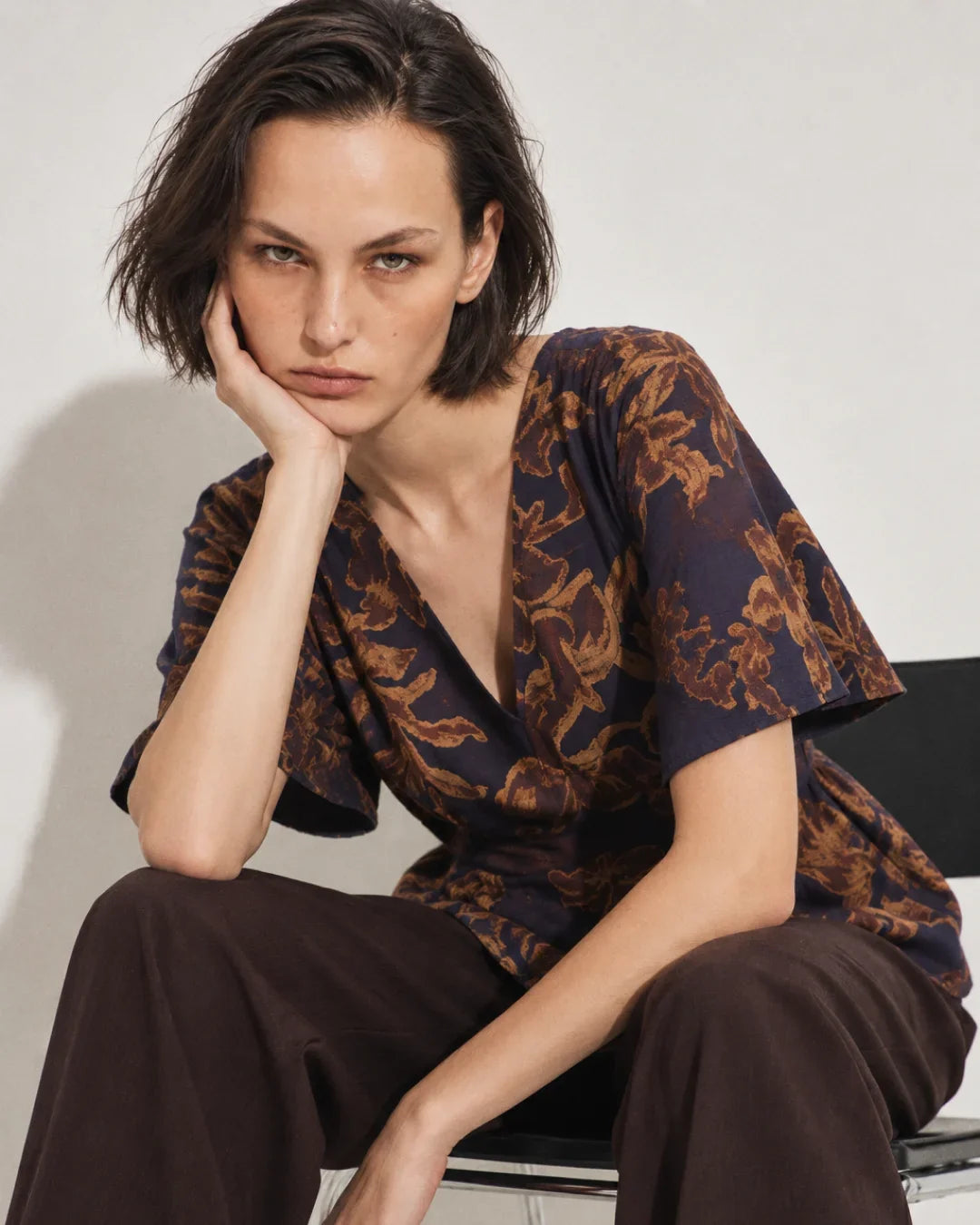 Rareism Women's Daco Brown Viscose Blend V-Neck Pull-On Regular Floral Print Top