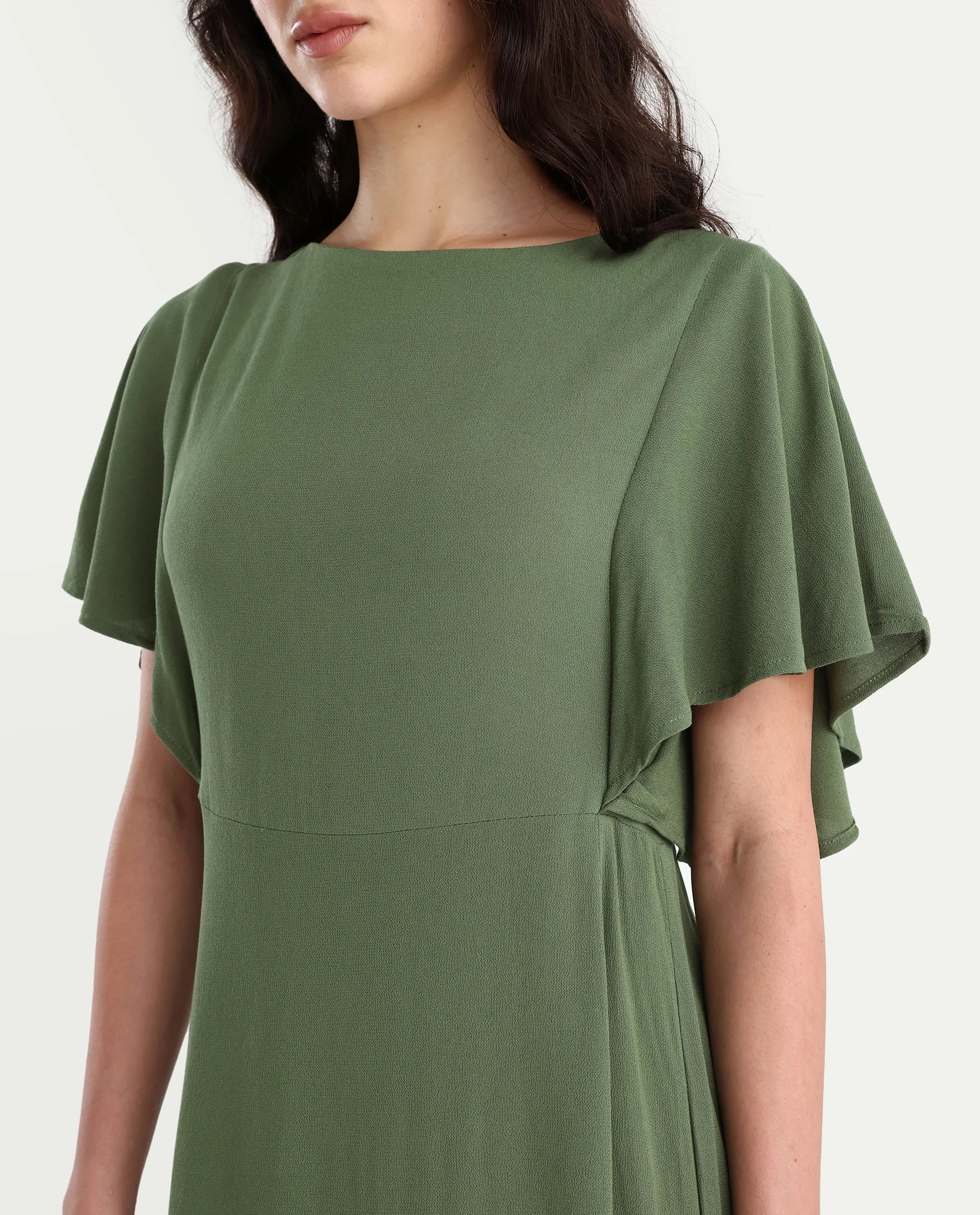 Rareism Women's Dana Green Crew Neck Plain Ruffled Sleeve Midi Fit And Flare Dress