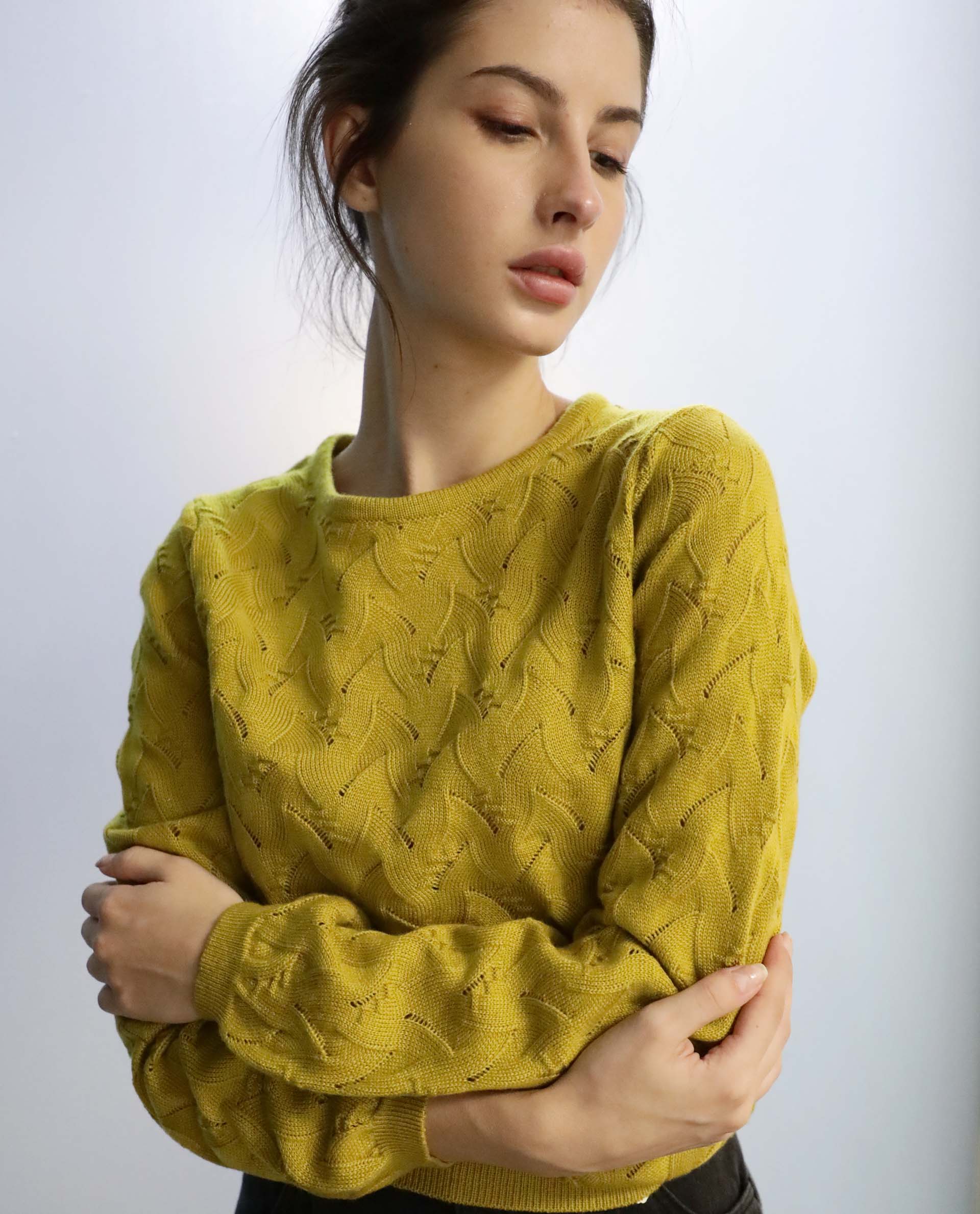 Rareism Women Danbury Yellow Acrylic Fabric Full Sleeves Relaxed Fit Solid Round Neck Sweater