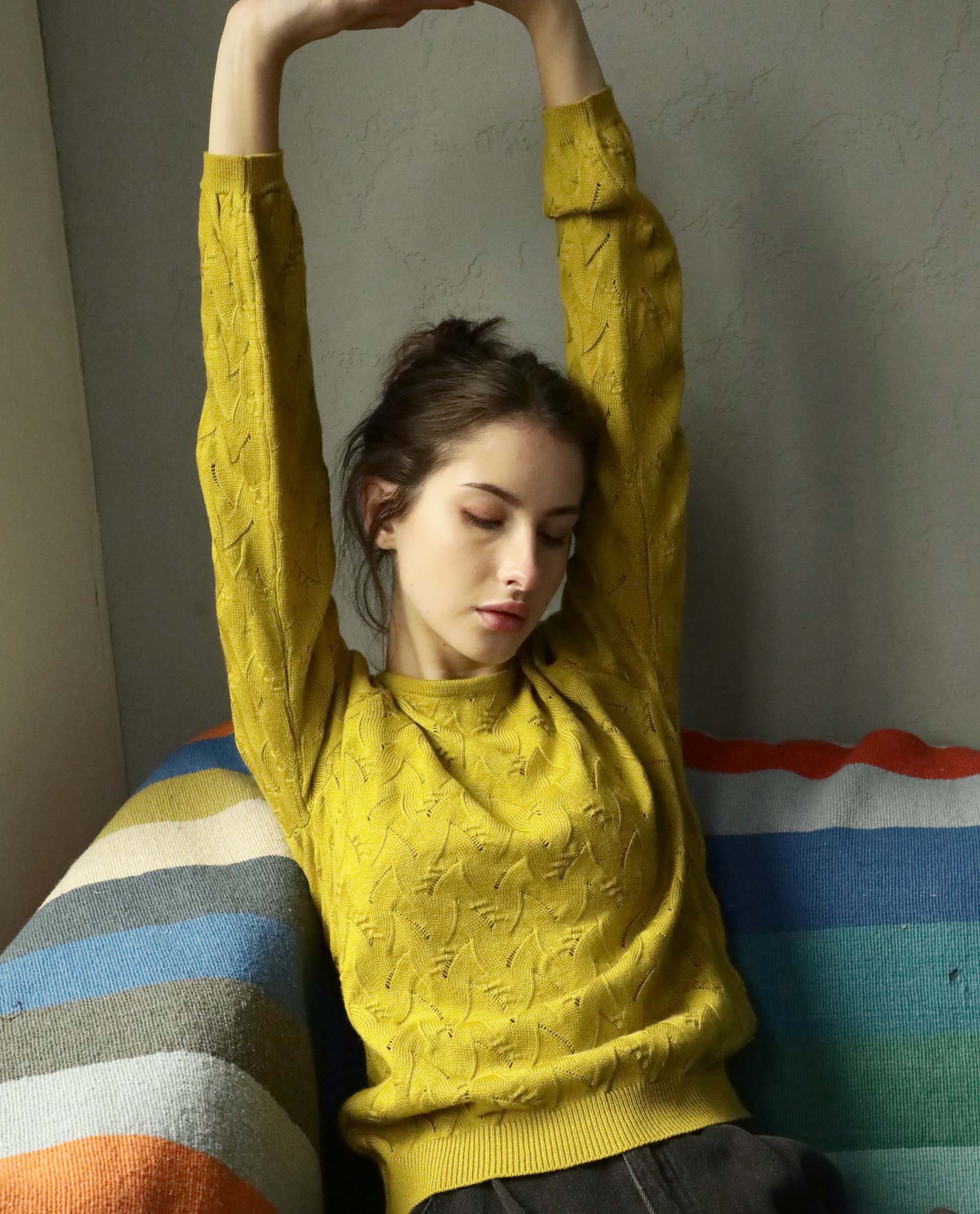 Rareism Women Danbury Yellow Acrylic Fabric Full Sleeves Relaxed Fit Solid Round Neck Sweater