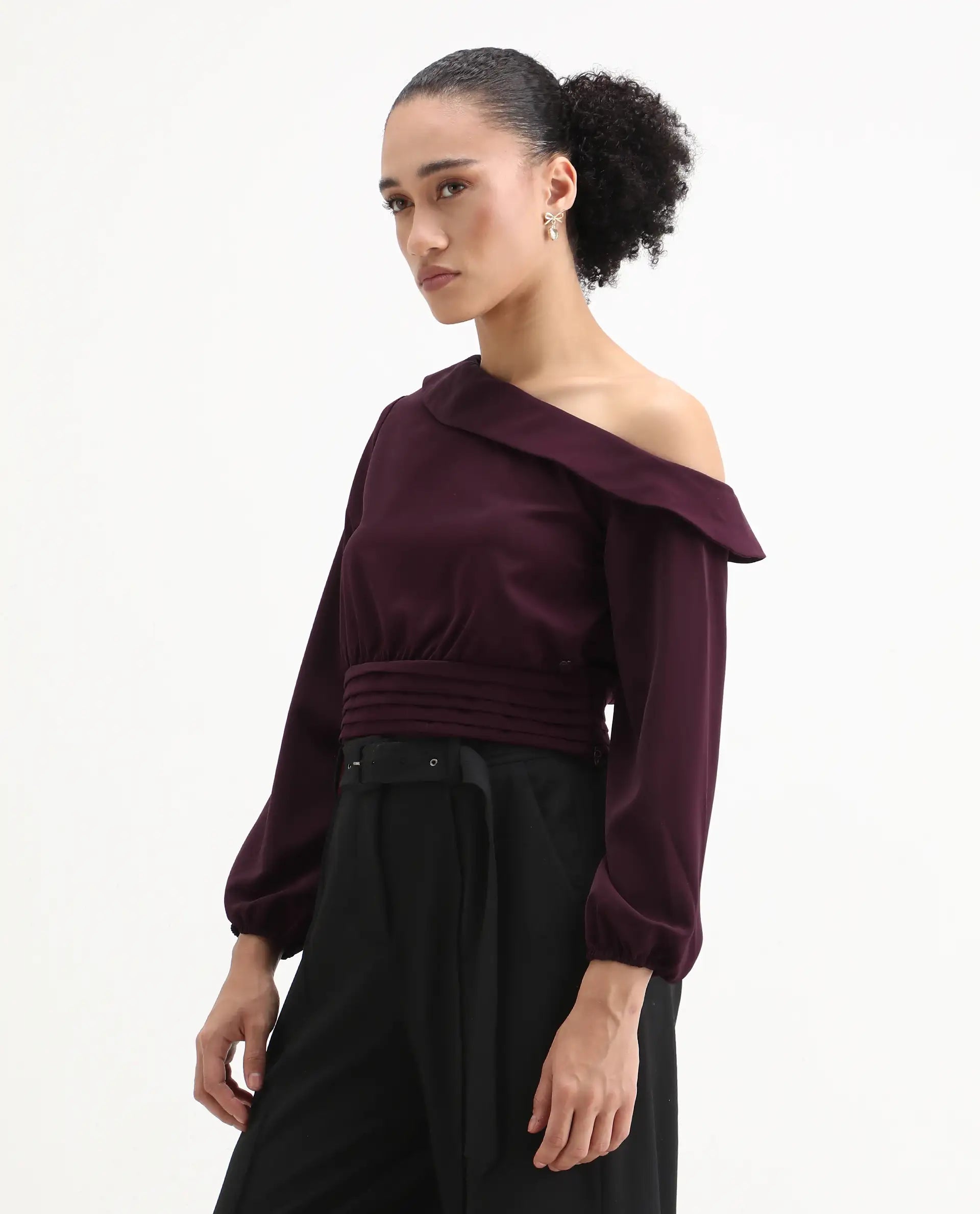 Rareism Women's Darople Red Satin One Shoulder Plain Bishop Sleeve Crop Regular Fit Top