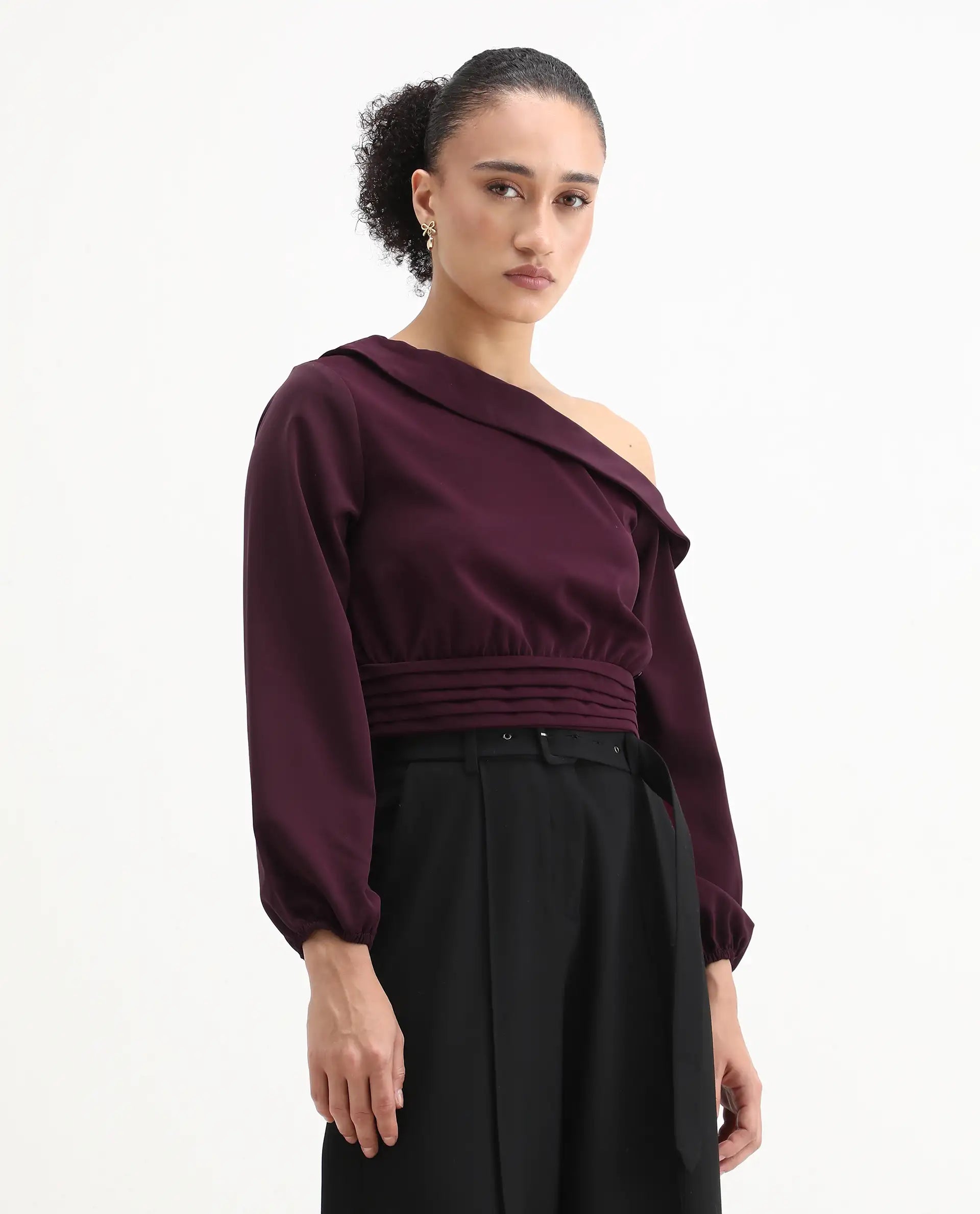 Rareism Women's Darople Red Satin One Shoulder Plain Bishop Sleeve Crop Regular Fit Top