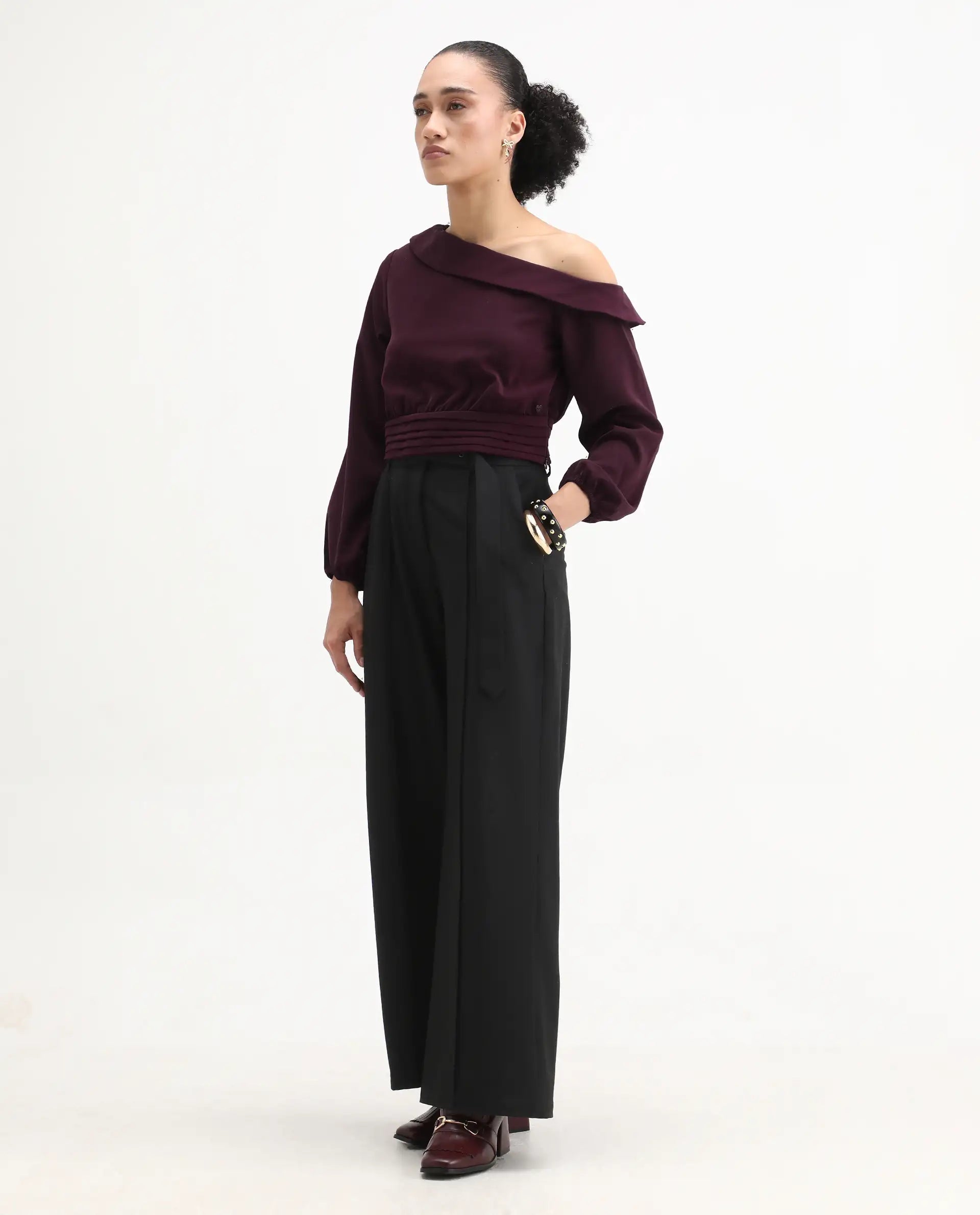 Rareism Women's Darople Red Satin One Shoulder Plain Bishop Sleeve Crop Regular Fit Top