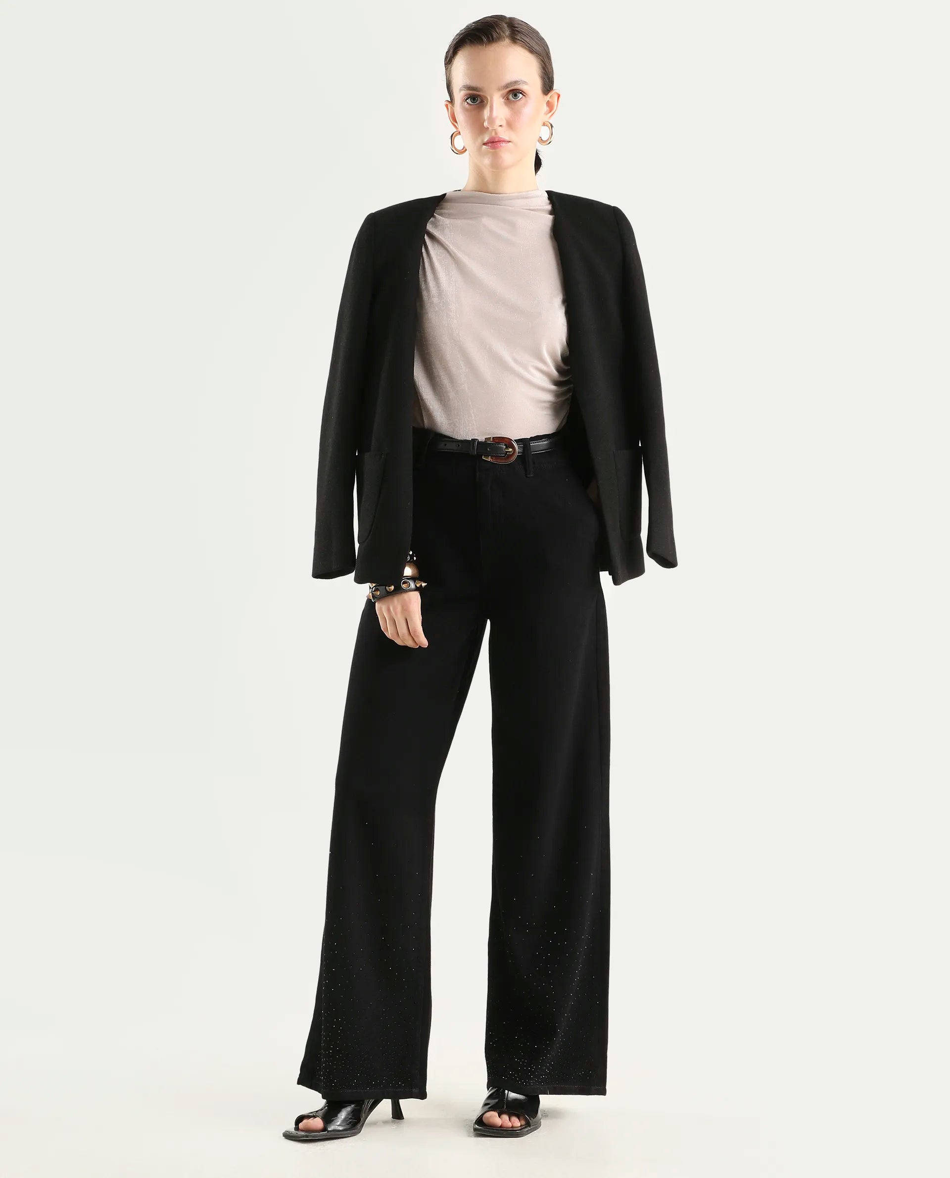 Rareism Women's Denir Black Cotton Wide Plain Jeans