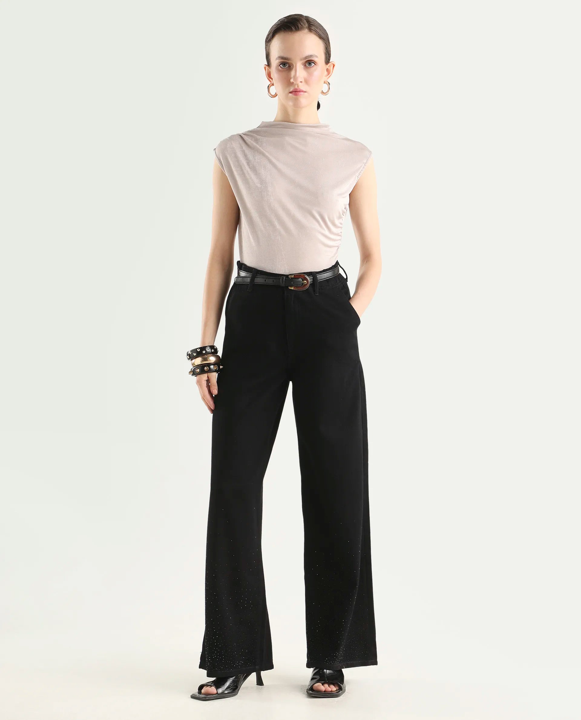 Rareism Women's Denir Black Cotton Wide Plain Jeans