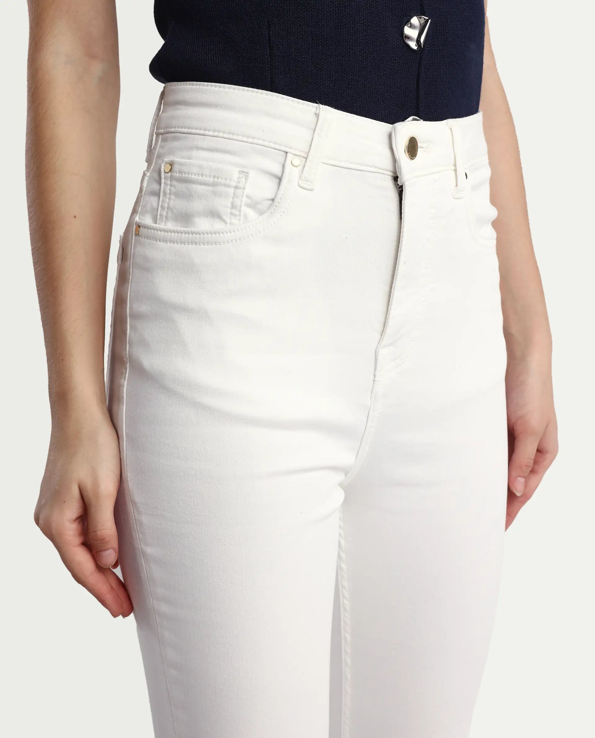 Rareism Women's Denro White Cotton Blend Bootcut Plain Jeans