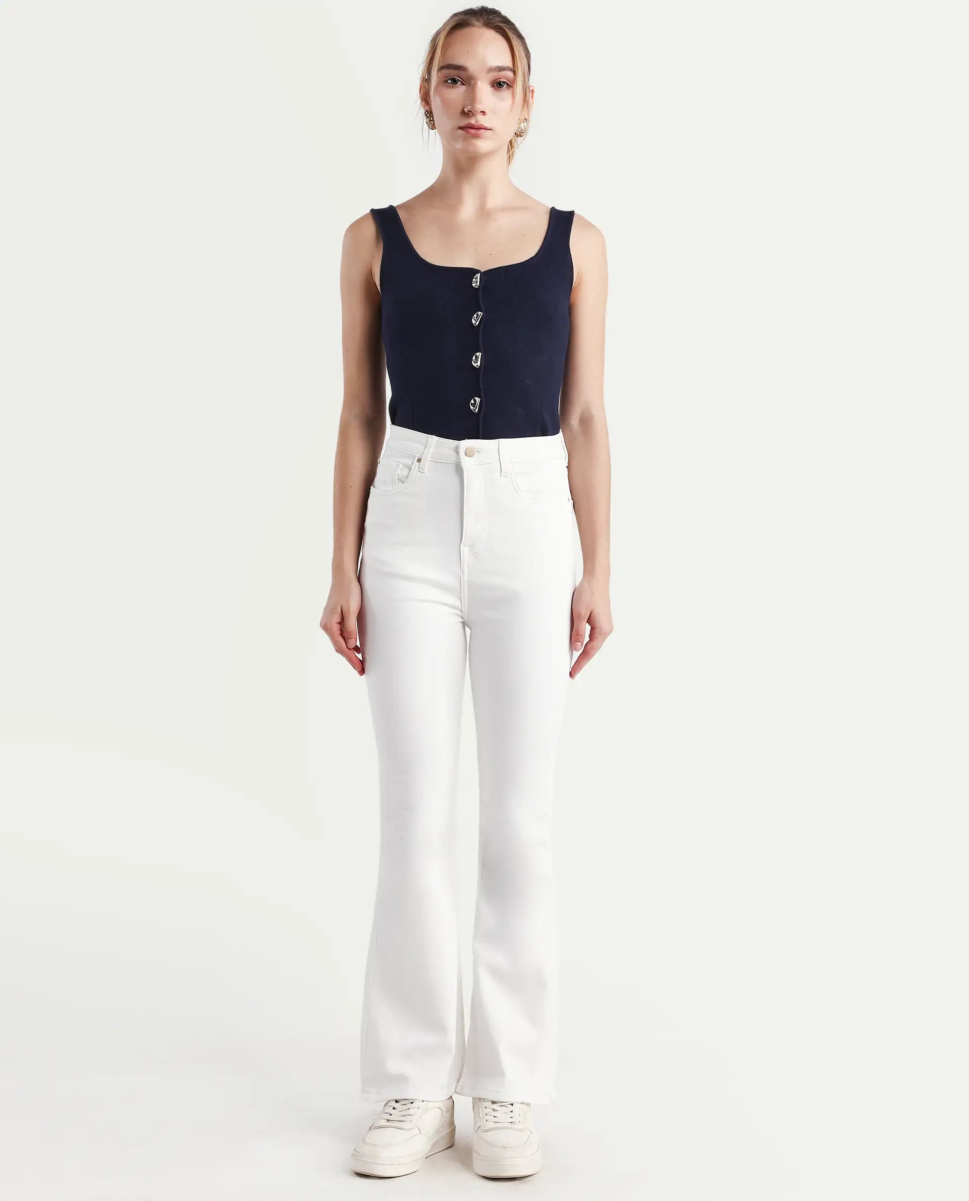 Rareism Women's Denro White Cotton Blend Bootcut Plain Jeans