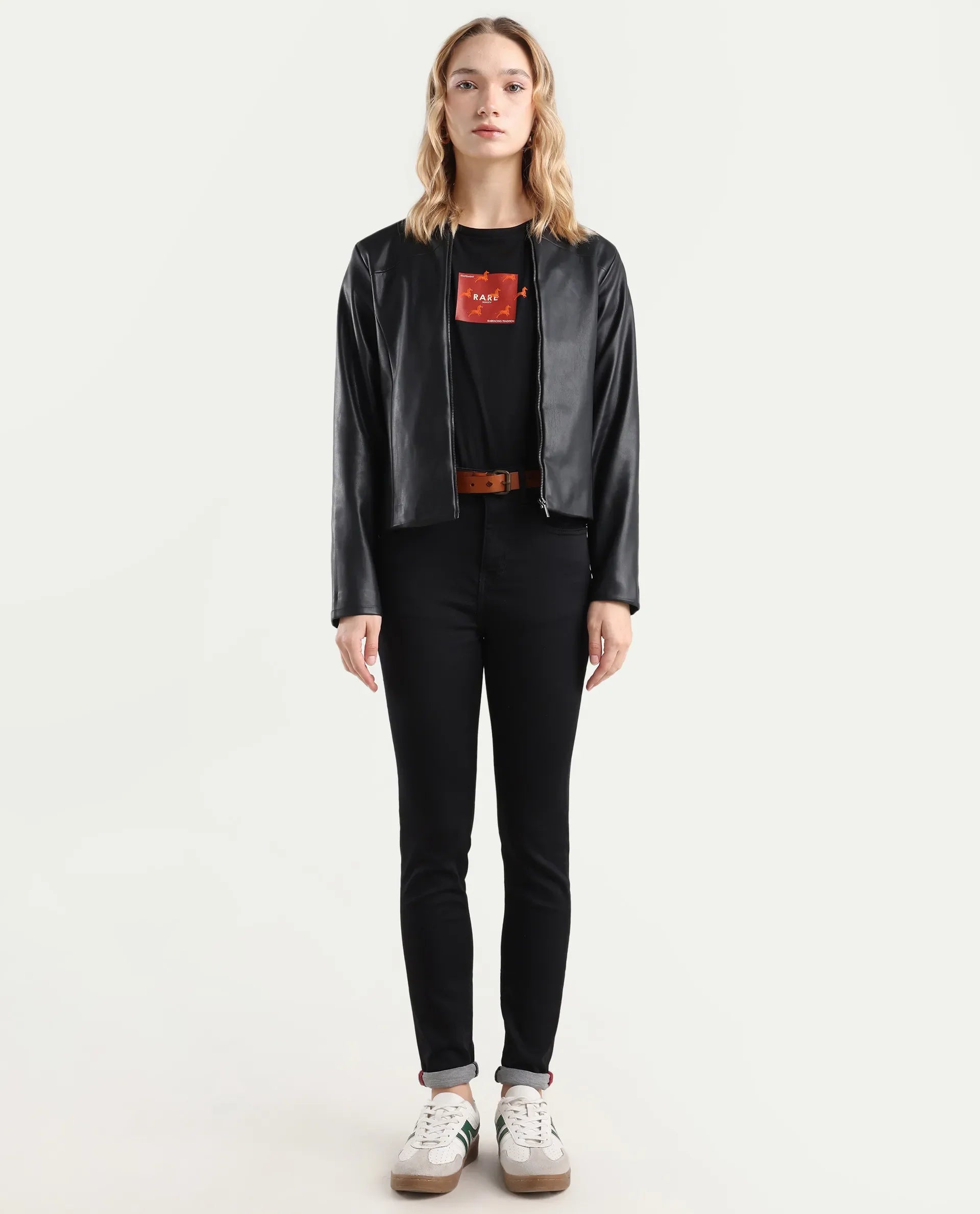 Rareism Women's Denzo Black Cotton Blend Skinny Plain Jeans