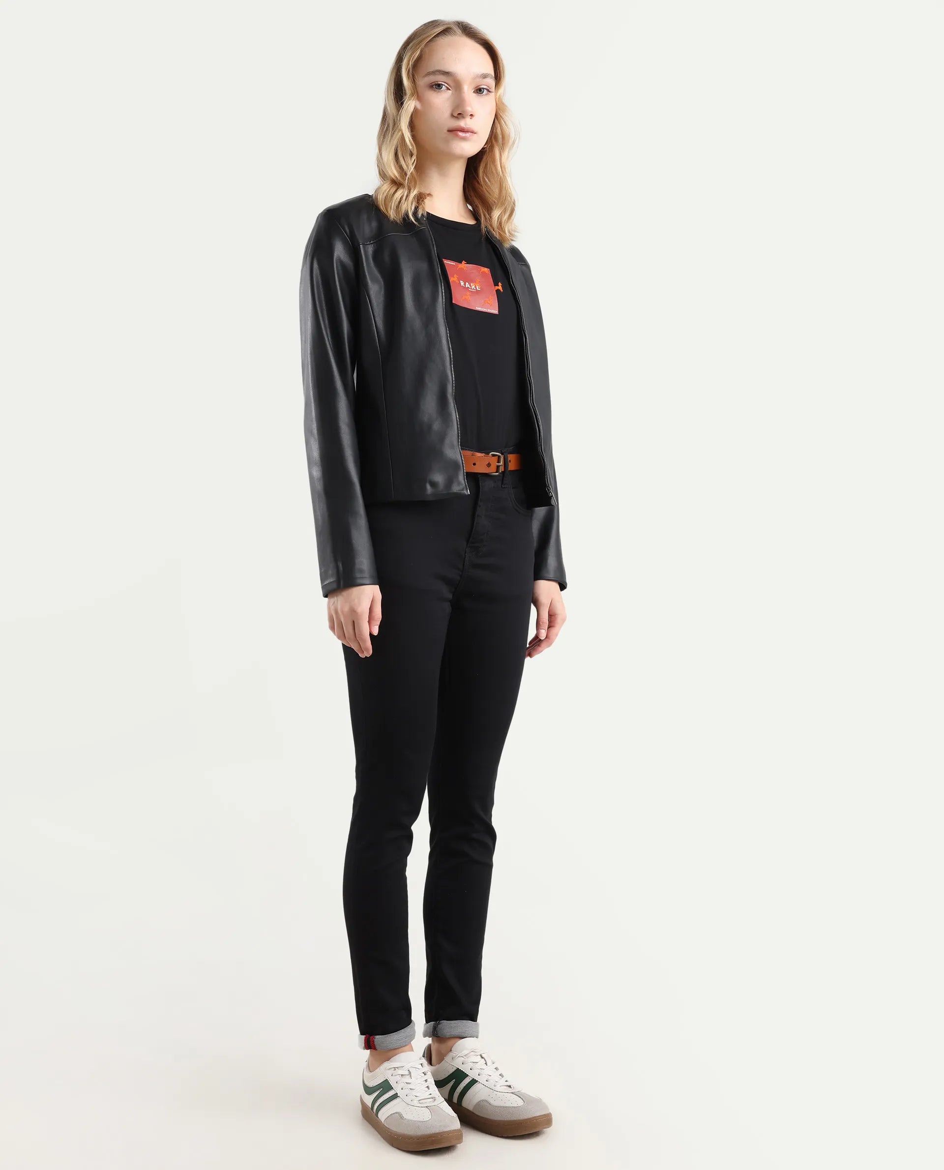 Rareism Women's Denzo Black Cotton Blend Skinny Plain Jeans