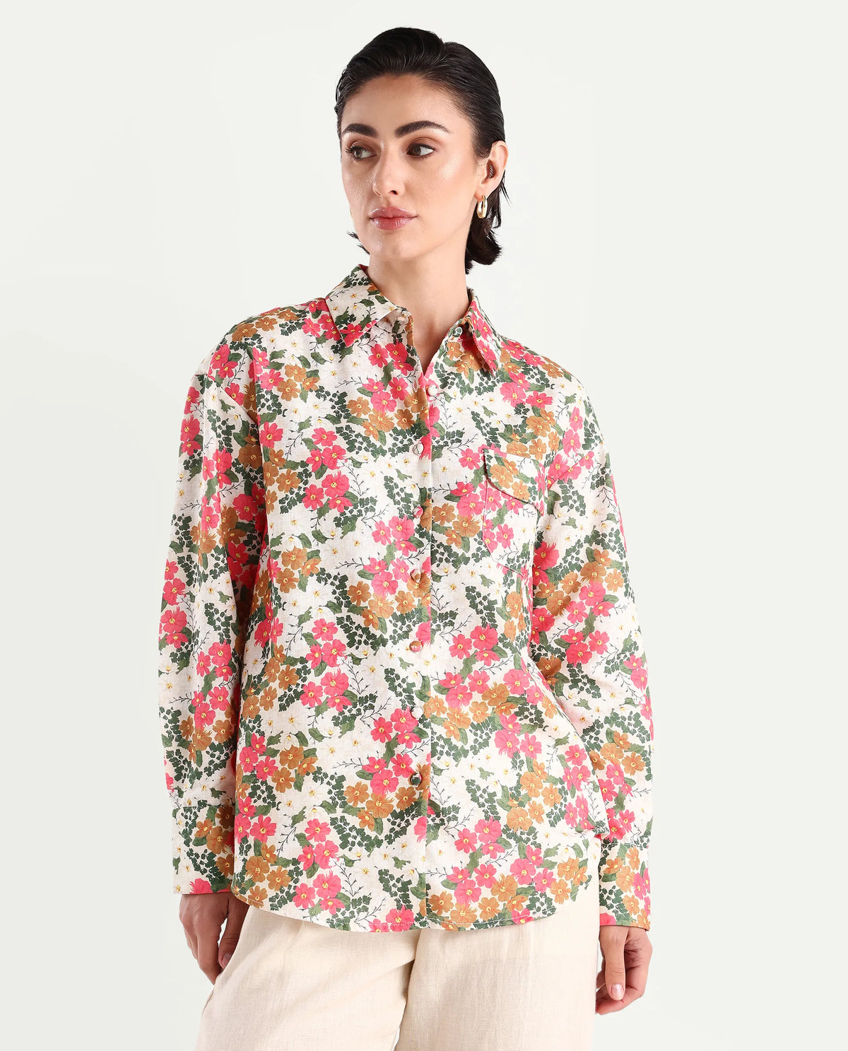Rareism Women's Desantis Multi Polyester Spread Collar Floral Print Cuffed Sleeve Regular Fit Shirt