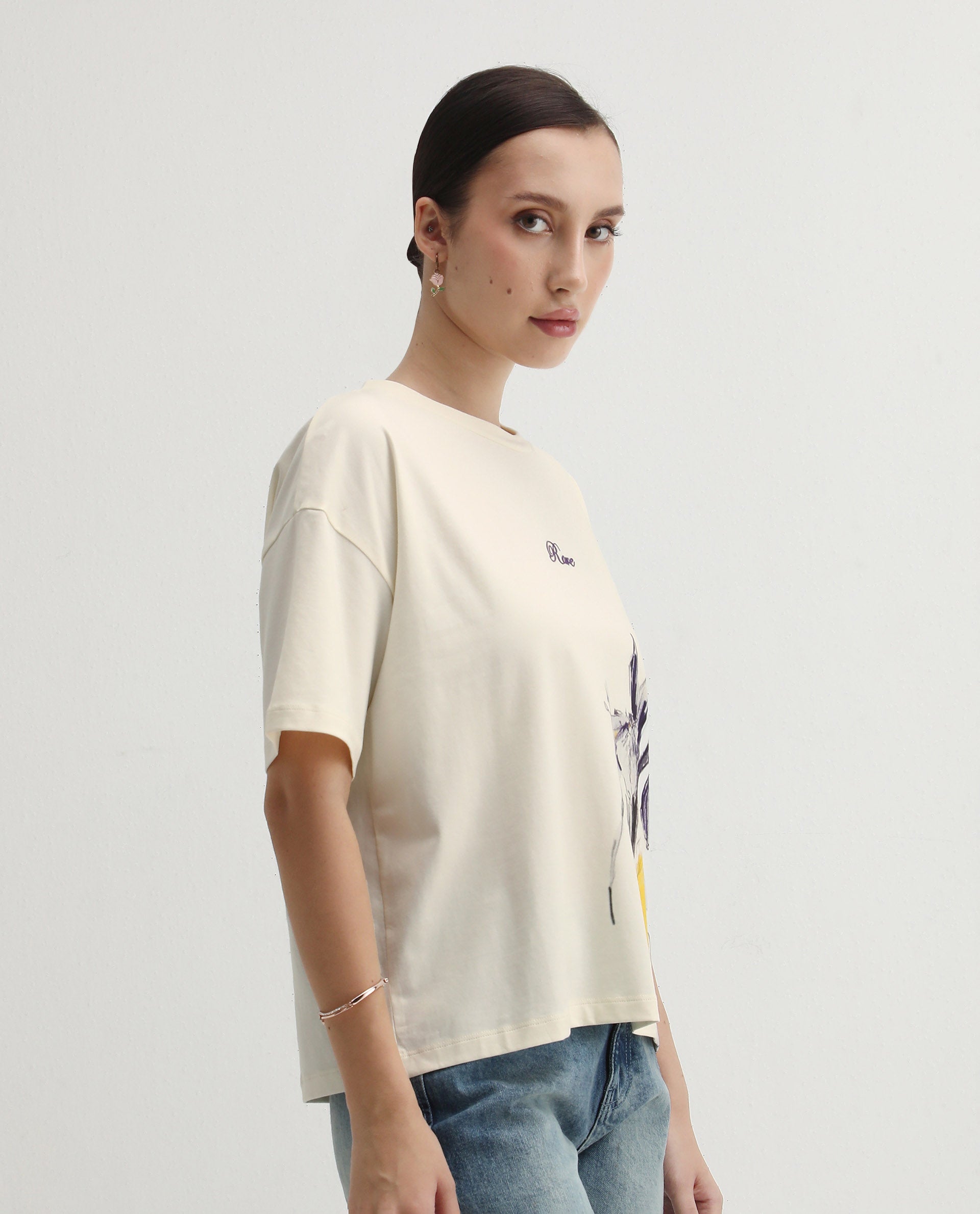 Rareism Women's Dewn Off White Cotton Blend Crew Neck Relaxed Fit T-Shirt