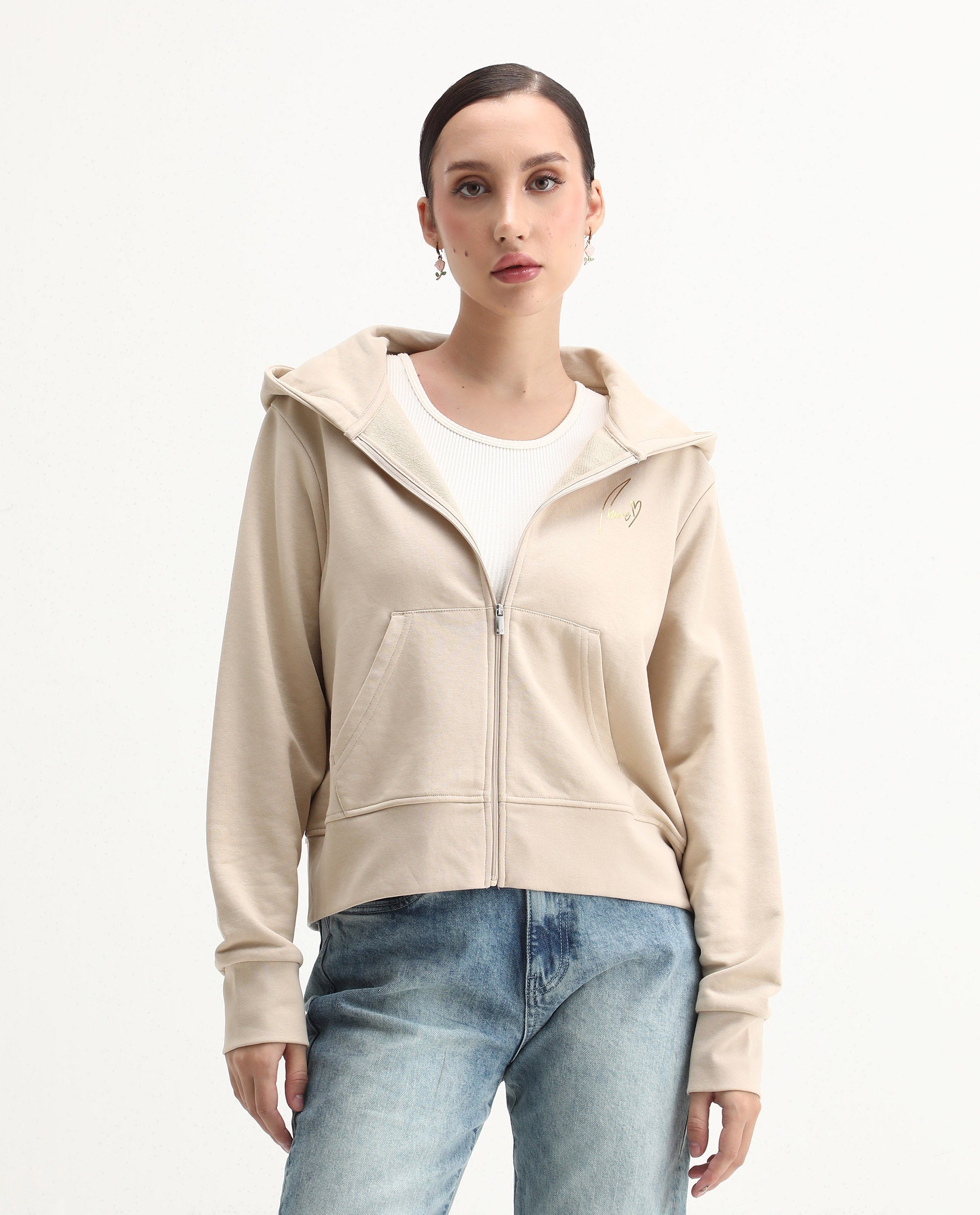 Rareism Women's Div Beige Cotton Blend Hooded Regular Fit Printed Sweatshirt