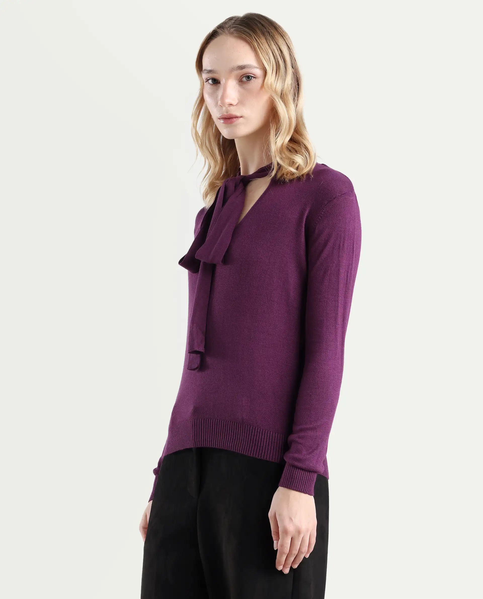 Rareism Women's Dolce Purple Viscose Tie-Up Neck Plain Regular Fit Sweater