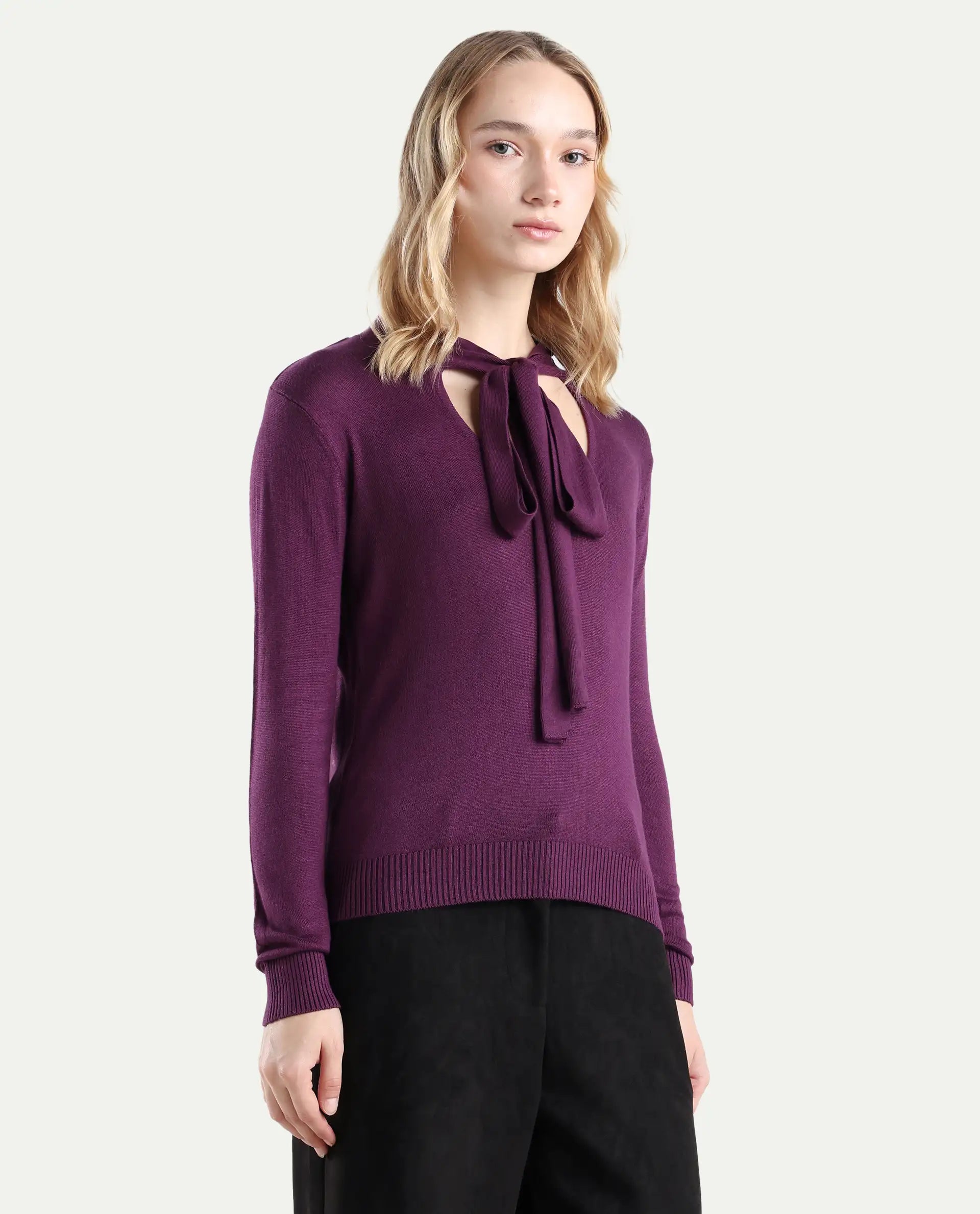 Rareism Women's Dolce Purple Viscose Tie-Up Neck Plain Regular Fit Sweater