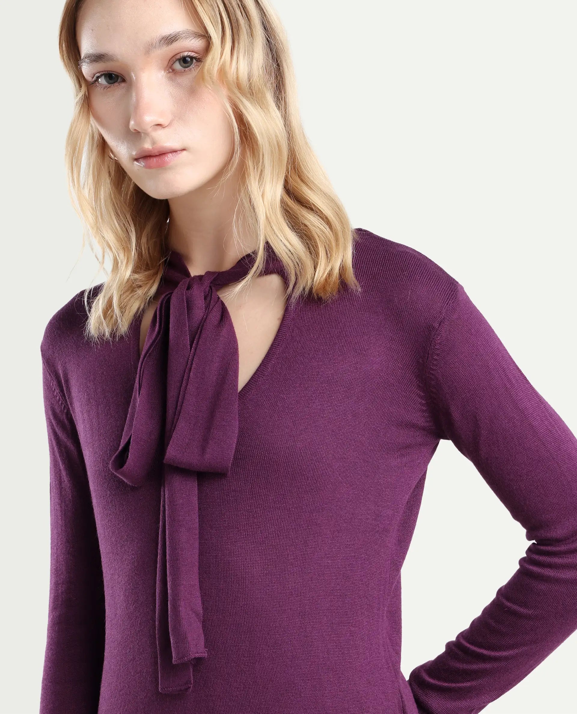Rareism Women's Dolce Purple Viscose Tie-Up Neck Plain Regular Fit Sweater