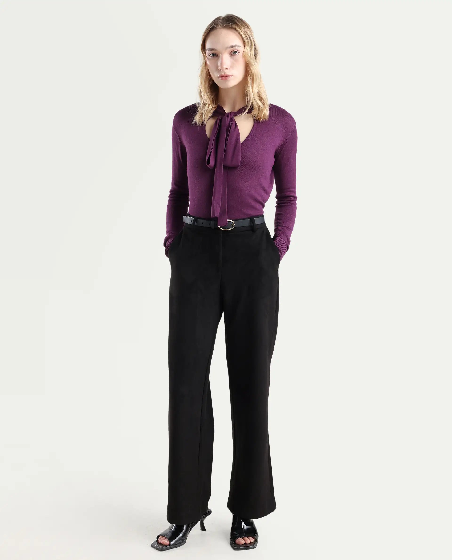 Rareism Women's Dolce Purple Viscose Tie-Up Neck Plain Regular Fit Sweater