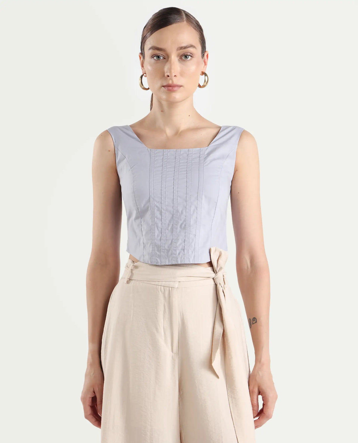 Rareism Women's Dordo Light Blue Cotton Square Neck Dyed Sleeveless Crop Fitted Top