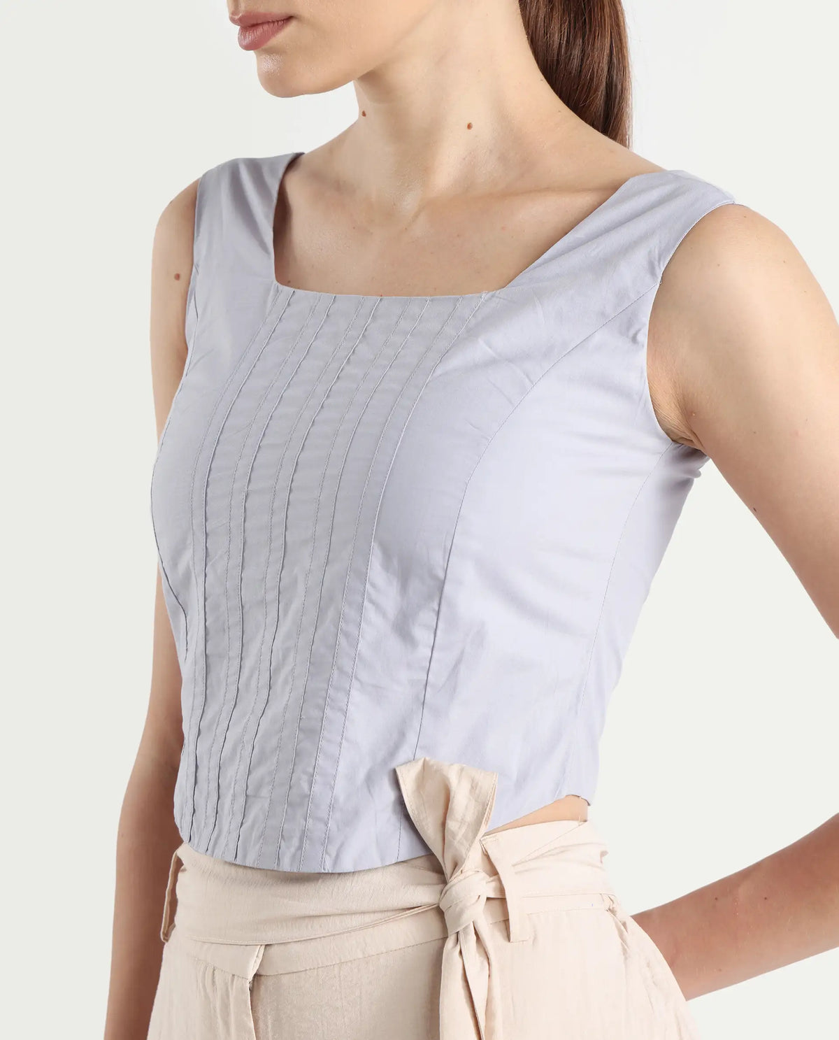 Rareism Women's Dordo Light Blue Cotton Square Neck Dyed Sleeveless Crop Fitted Top