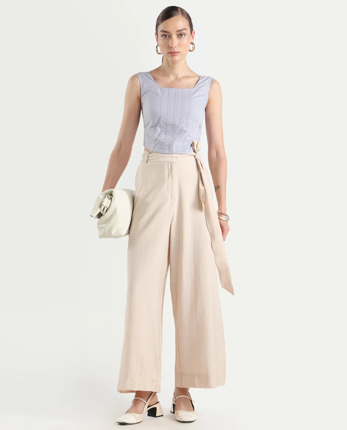 Rareism Women's Dordo Light Blue Cotton Square Neck Dyed Sleeveless Crop Fitted Top