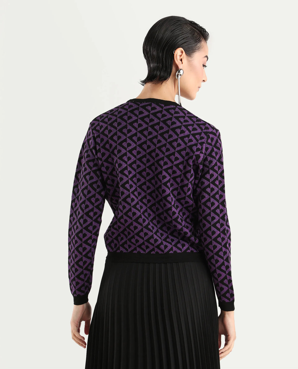 Rareism Women's Dortyol Purple Viscose V-Neck Geometric Print Regular Fit Sweater