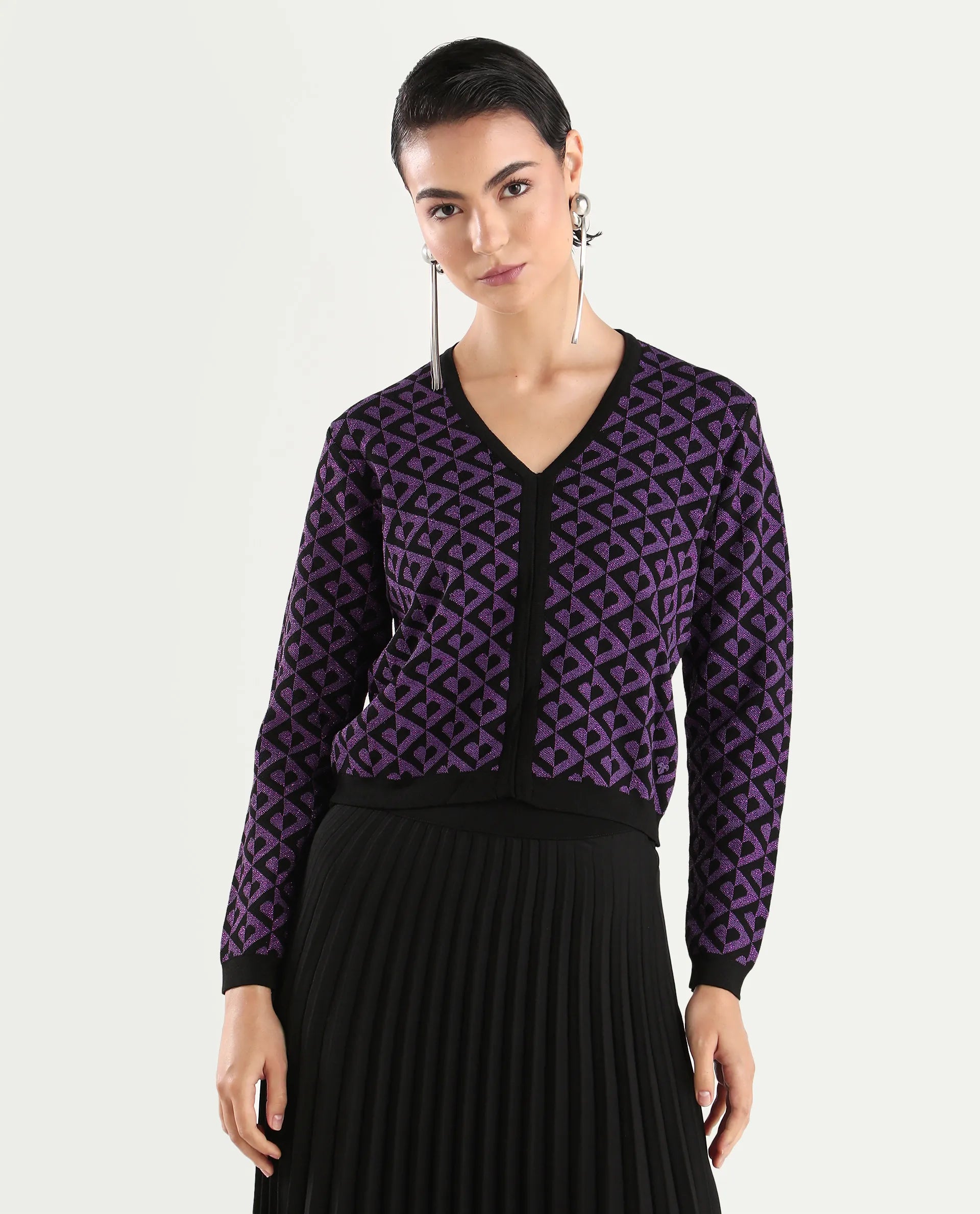 Rareism Women's Dortyol Purple Viscose V-Neck Geometric Print Regular Fit Sweater