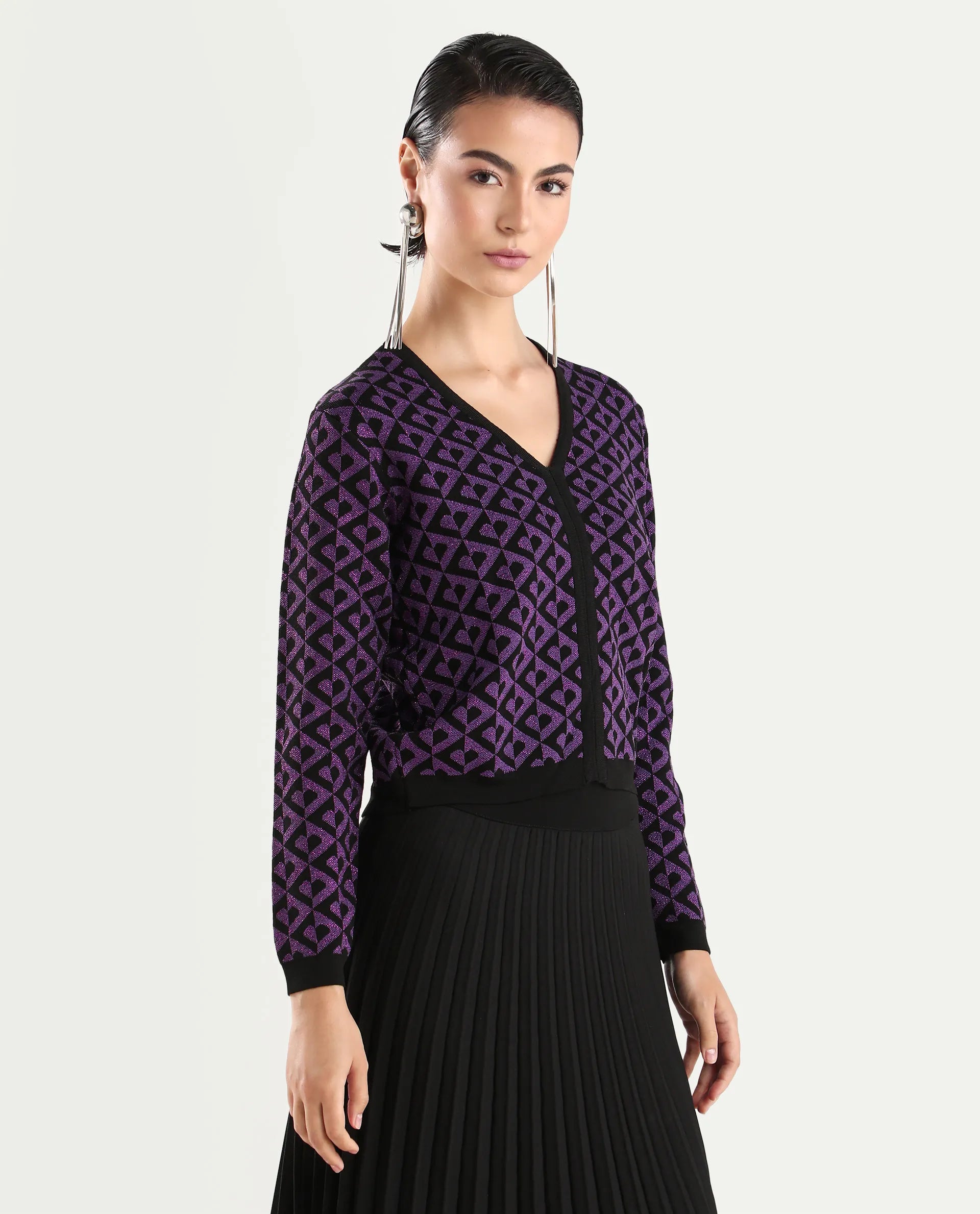 Rareism Women's Dortyol Purple Viscose V-Neck Geometric Print Regular Fit Sweater