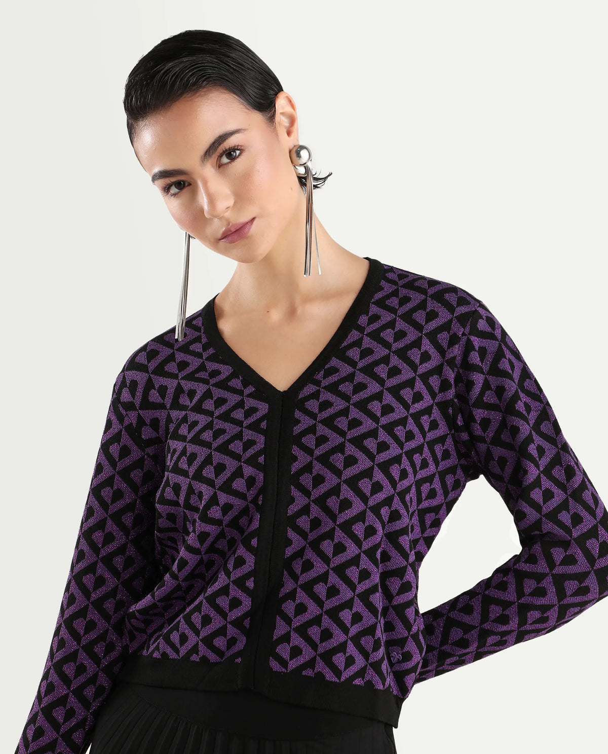 Rareism Women's Dortyol Purple Viscose V-Neck Geometric Print Regular Fit Sweater