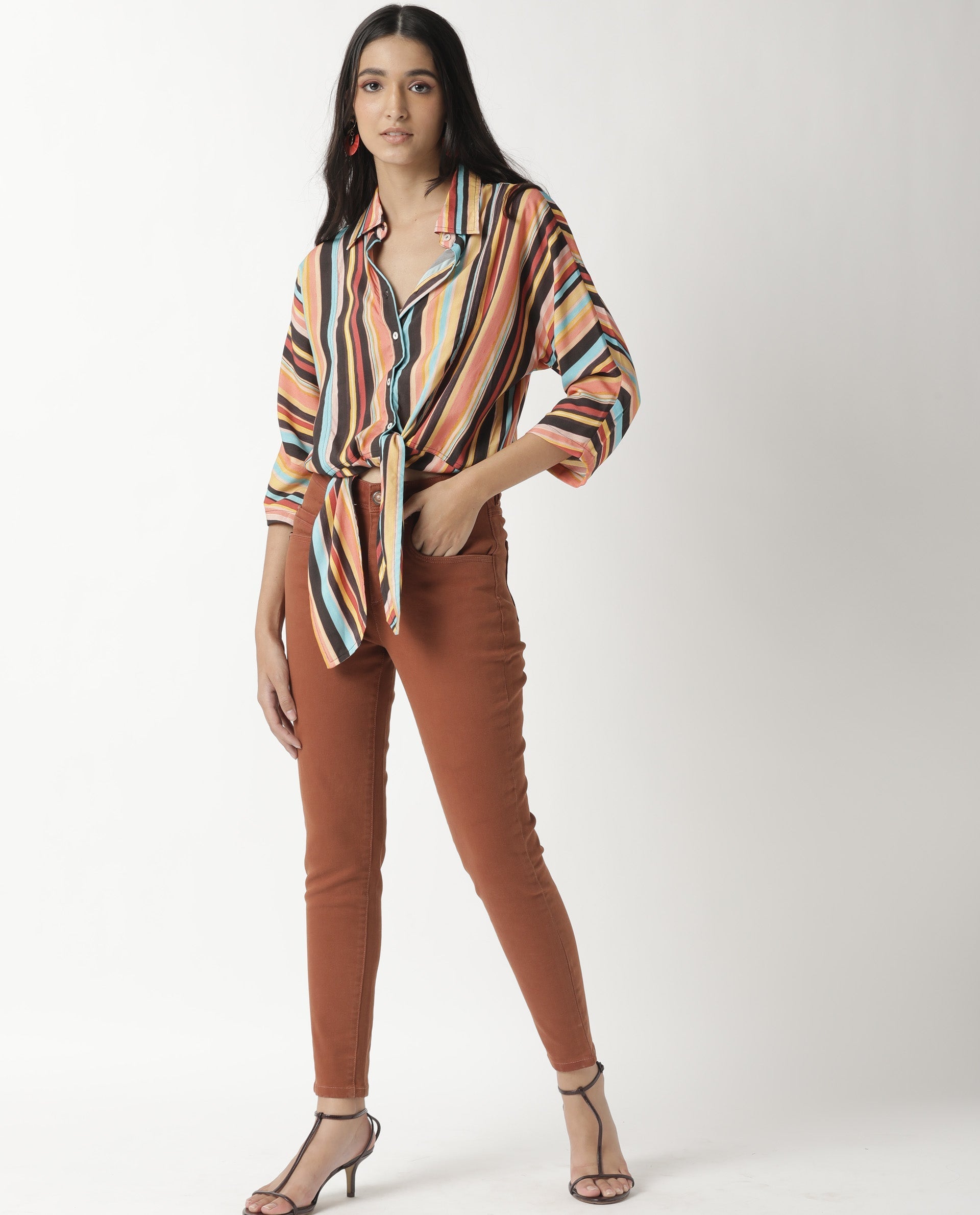 Rareism Womens Drumroll Multi Top Viscose Fabric Regular Fit 3/4 Sleeve Collared Neck
