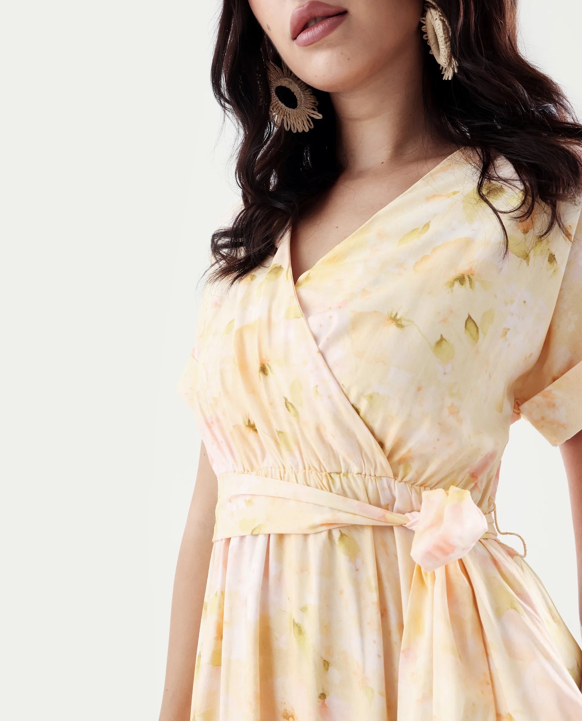 Rareism Women's Elavi Yellow Viscose Overlap Neck Flared Printed Midi Dress