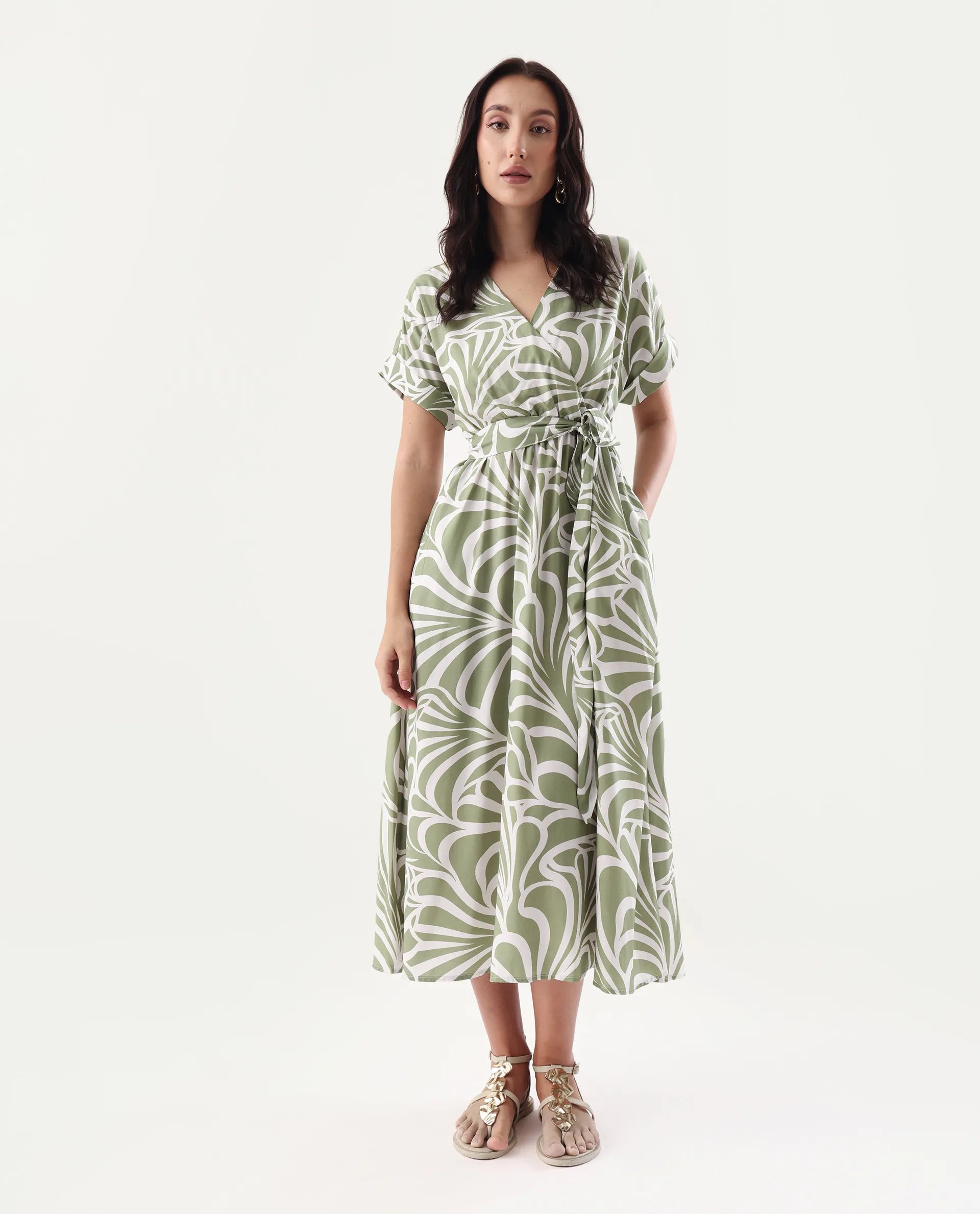 Rareism Women's Elean Olive Viscose Overlap Neck Flared Printed Midi Dress