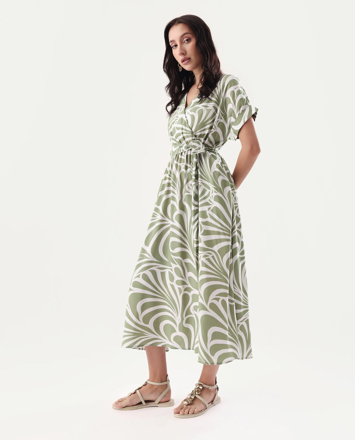 Rareism Women's Elean Olive Viscose Overlap Neck Flared Printed Midi Dress