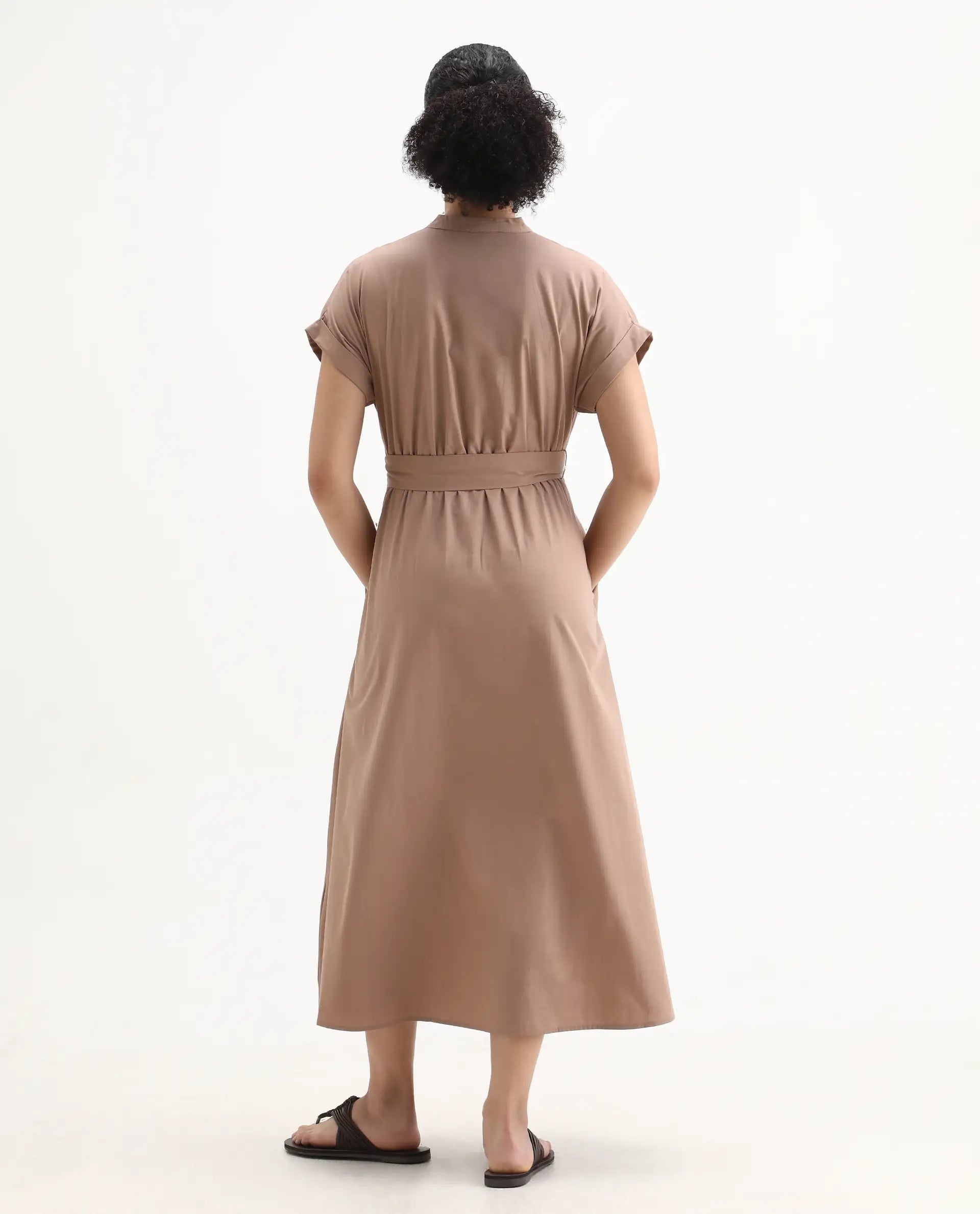 Rareism Women's Eleri Beige Cotton Extended Sleeves Mandarin Collar A-Line Fit Plain Midi Dress