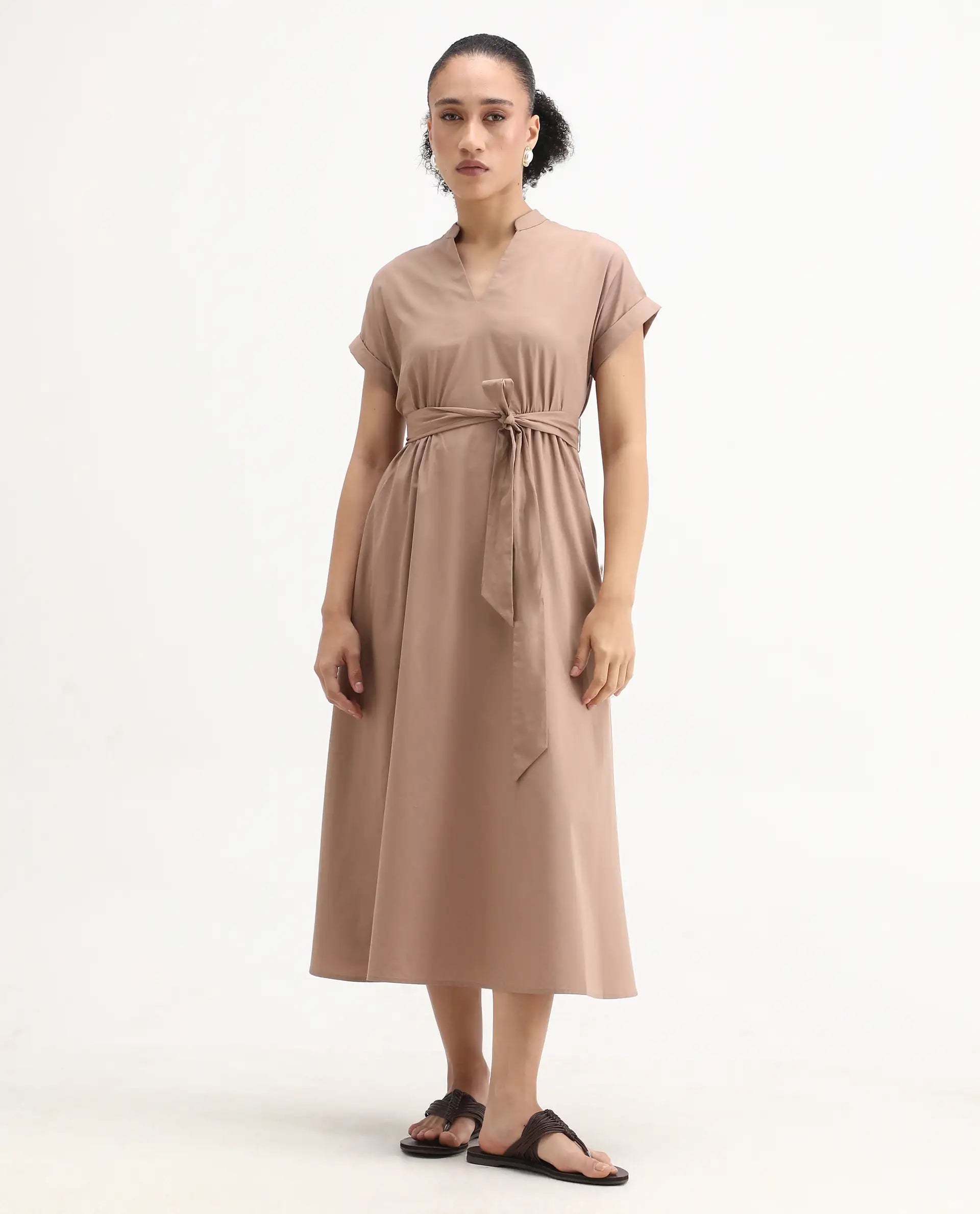 Rareism Women's Eleri Beige Cotton Extended Sleeves Mandarin Collar A-Line Fit Plain Midi Dress