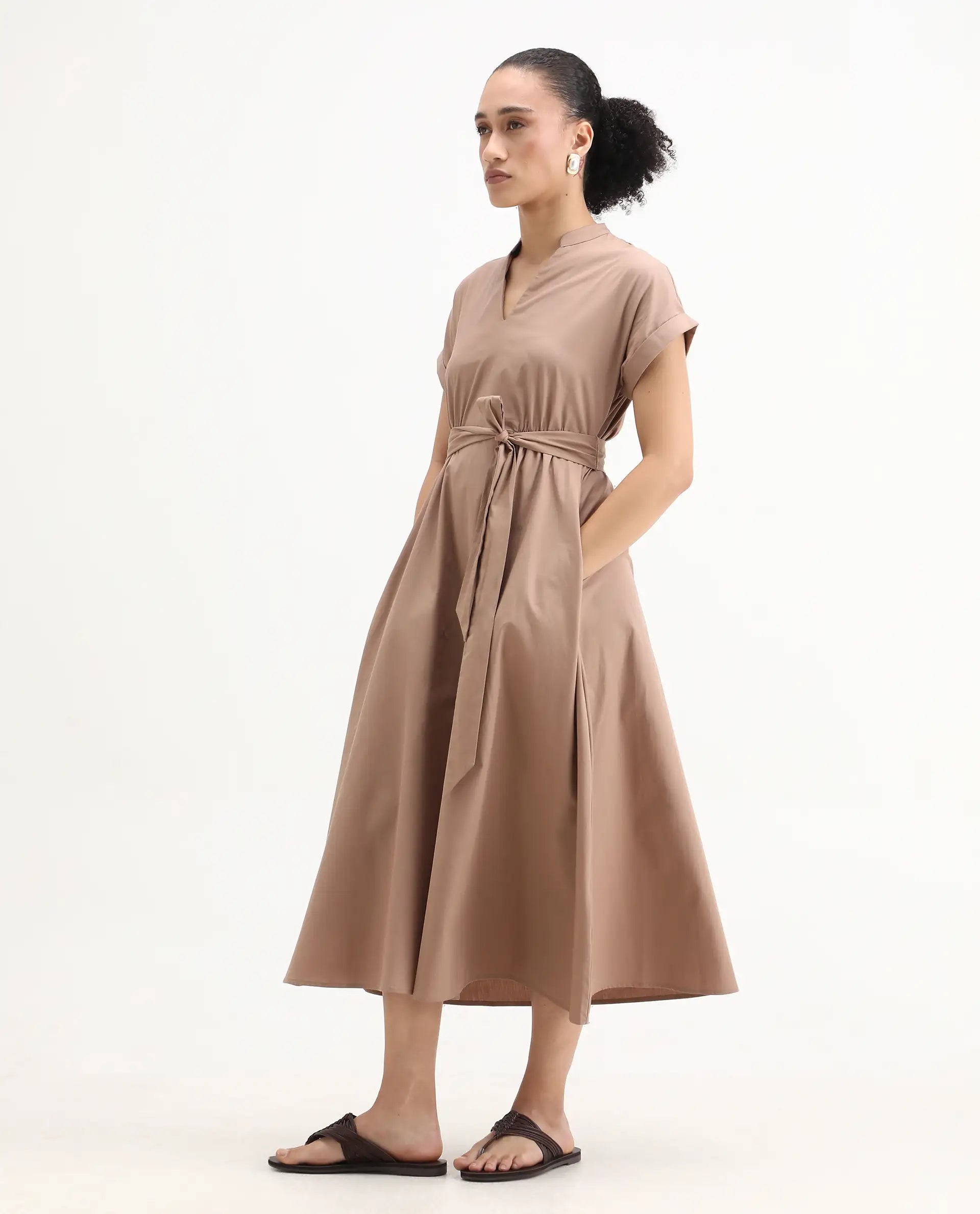 Rareism Women's Eleri Beige Cotton Extended Sleeves Mandarin Collar A-Line Fit Plain Midi Dress