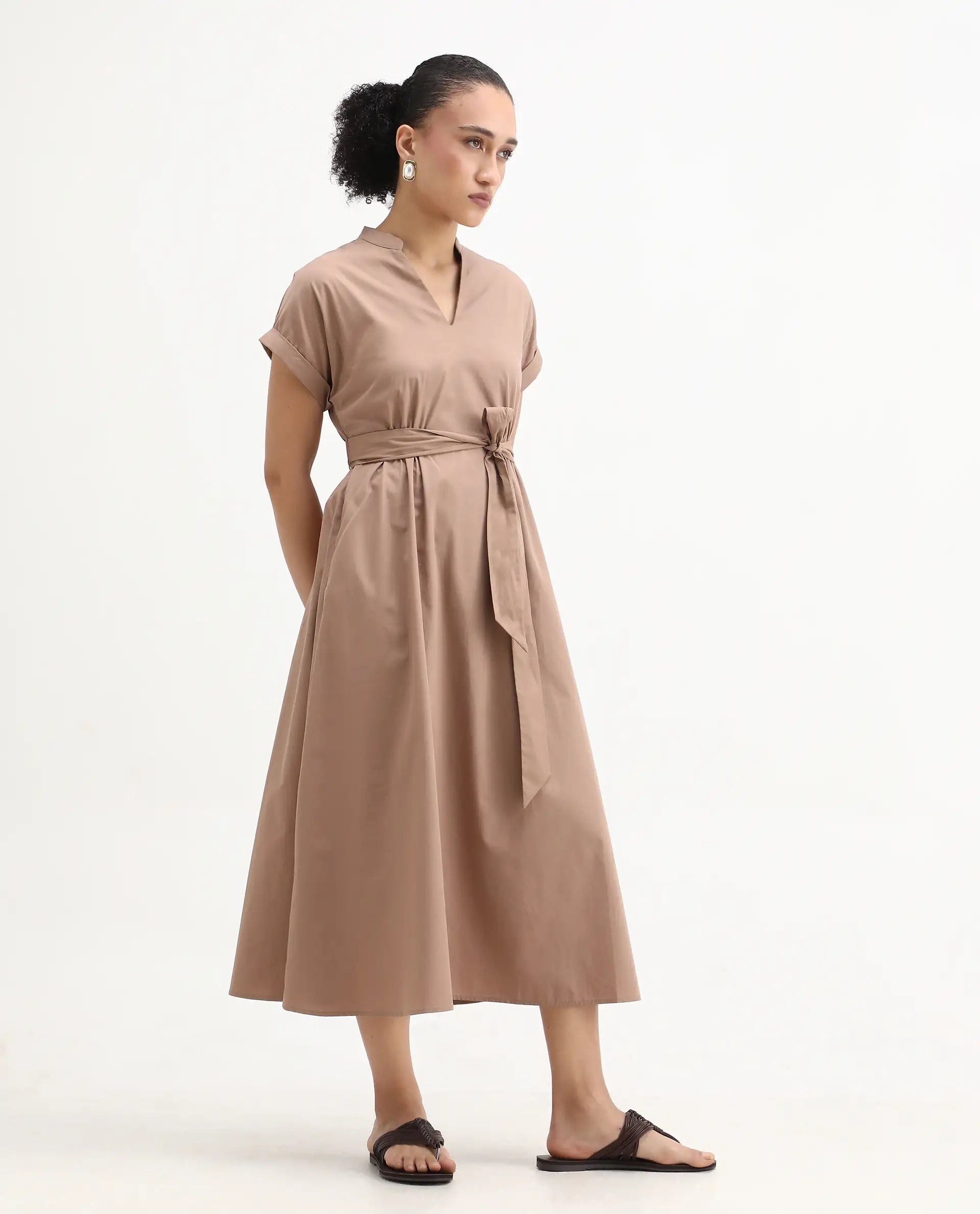 Rareism Women's Eleri Beige Cotton Extended Sleeves Mandarin Collar A-Line Fit Plain Midi Dress