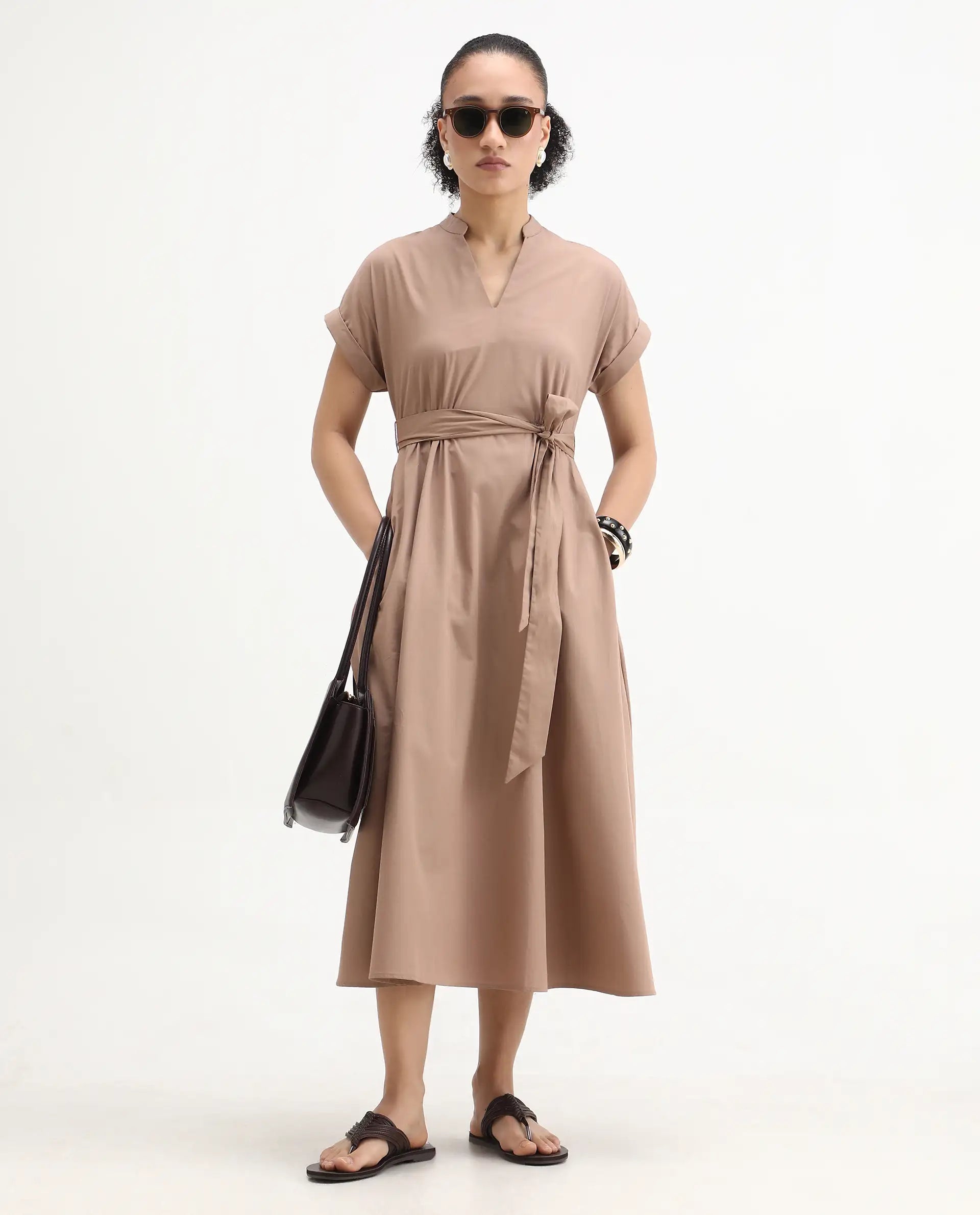 Rareism Women's Eleri Beige Cotton Extended Sleeves Mandarin Collar A-Line Fit Plain Midi Dress