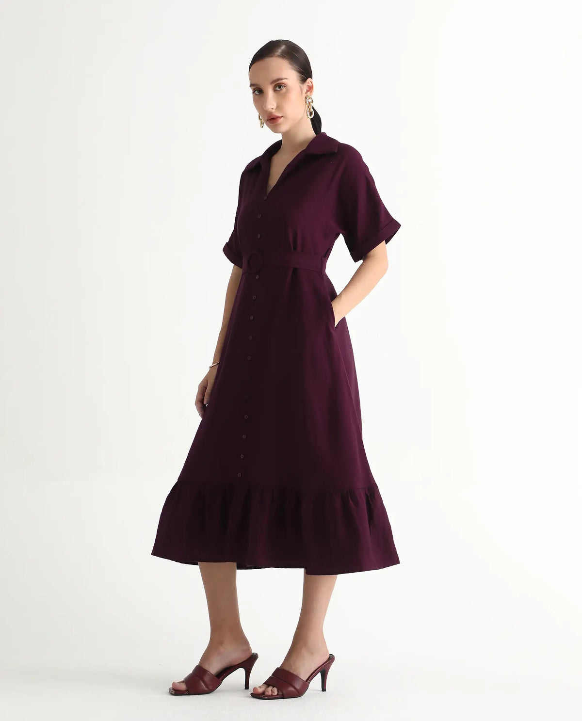 Rareism Women's Elhan Maroon Polyester Extended Sleeves Jonny Collar A-Line Fit Plain Midi Dress