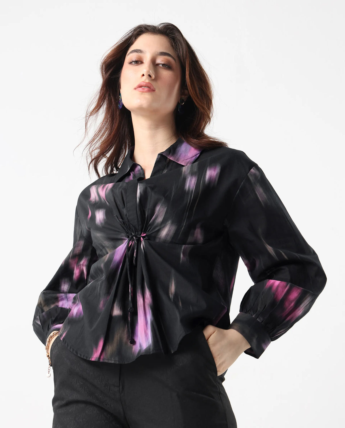Rareism Women's Ellyn Black Cotton Bishop Sleeve Collared Neck Relaxed Fit Top