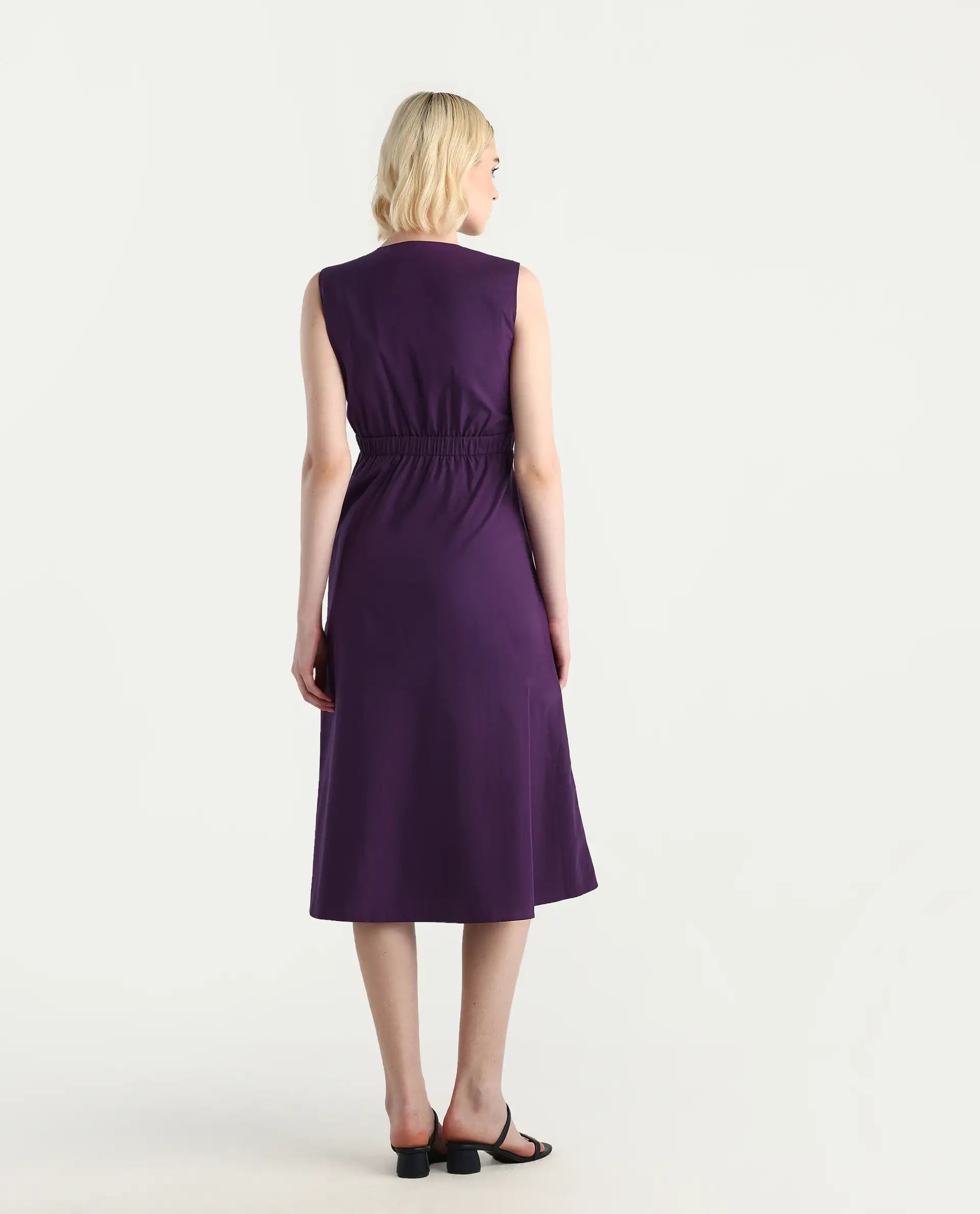 Rareism Women's Elmos Purple Cotton Sleeveless V-Neck A-Line Fit Plain Midi Dress
