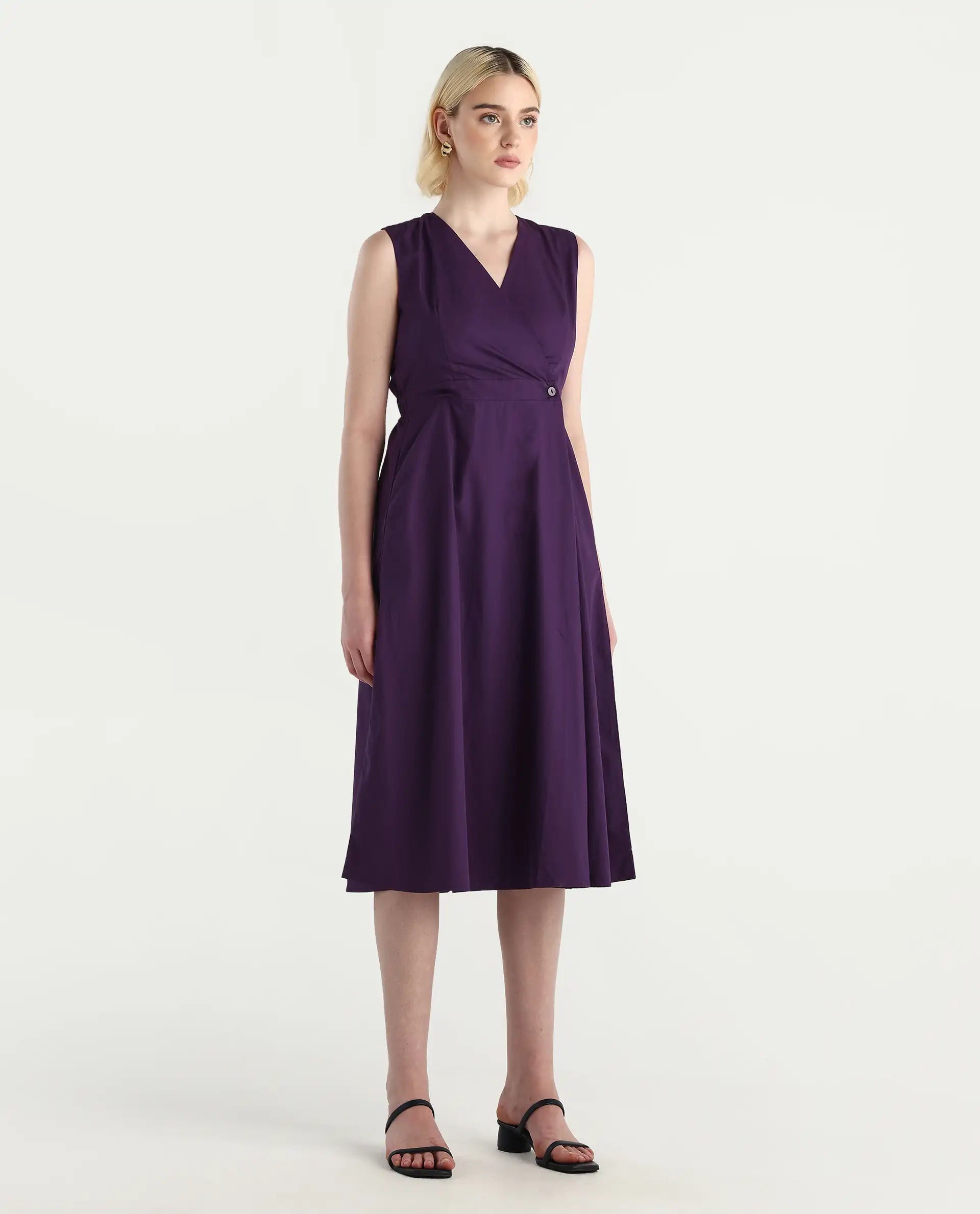 Rareism Women's Elmos Purple Cotton Sleeveless V-Neck A-Line Fit Plain Midi Dress