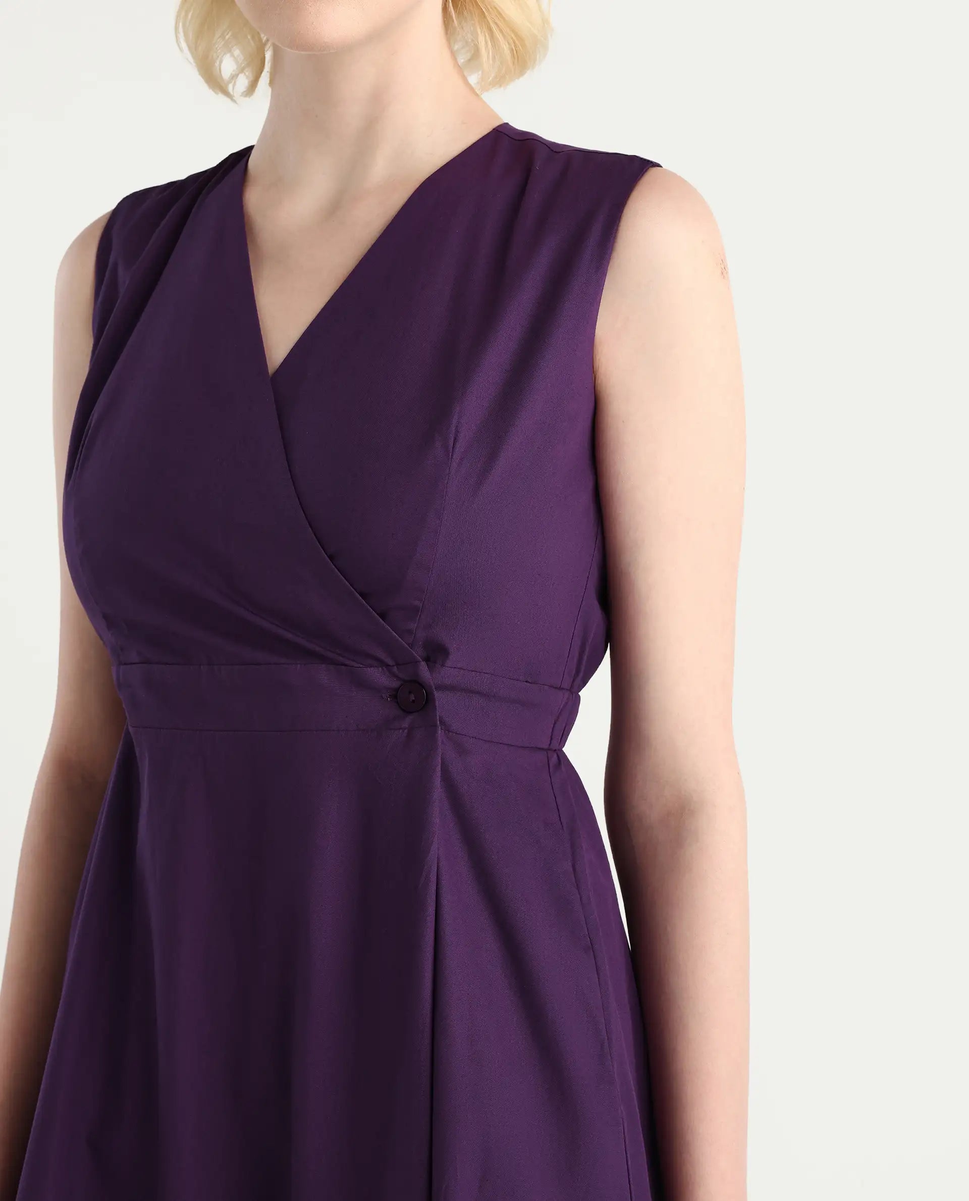 Rareism Women's Elmos Purple Cotton Sleeveless V-Neck A-Line Fit Plain Midi Dress