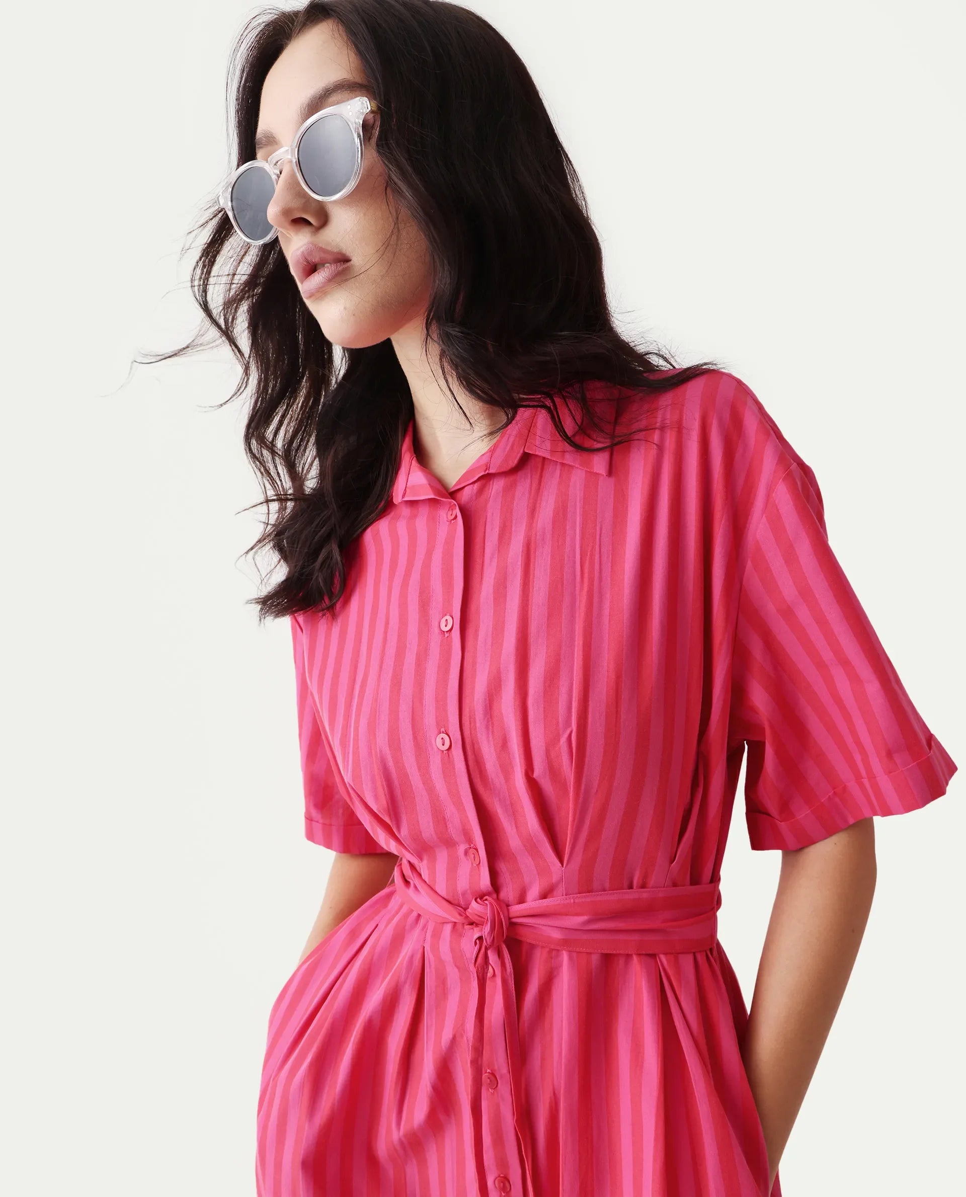 Rareism Women's Eparis Pink Cotton Blend Collared Striped Midi Regular Fit Dress