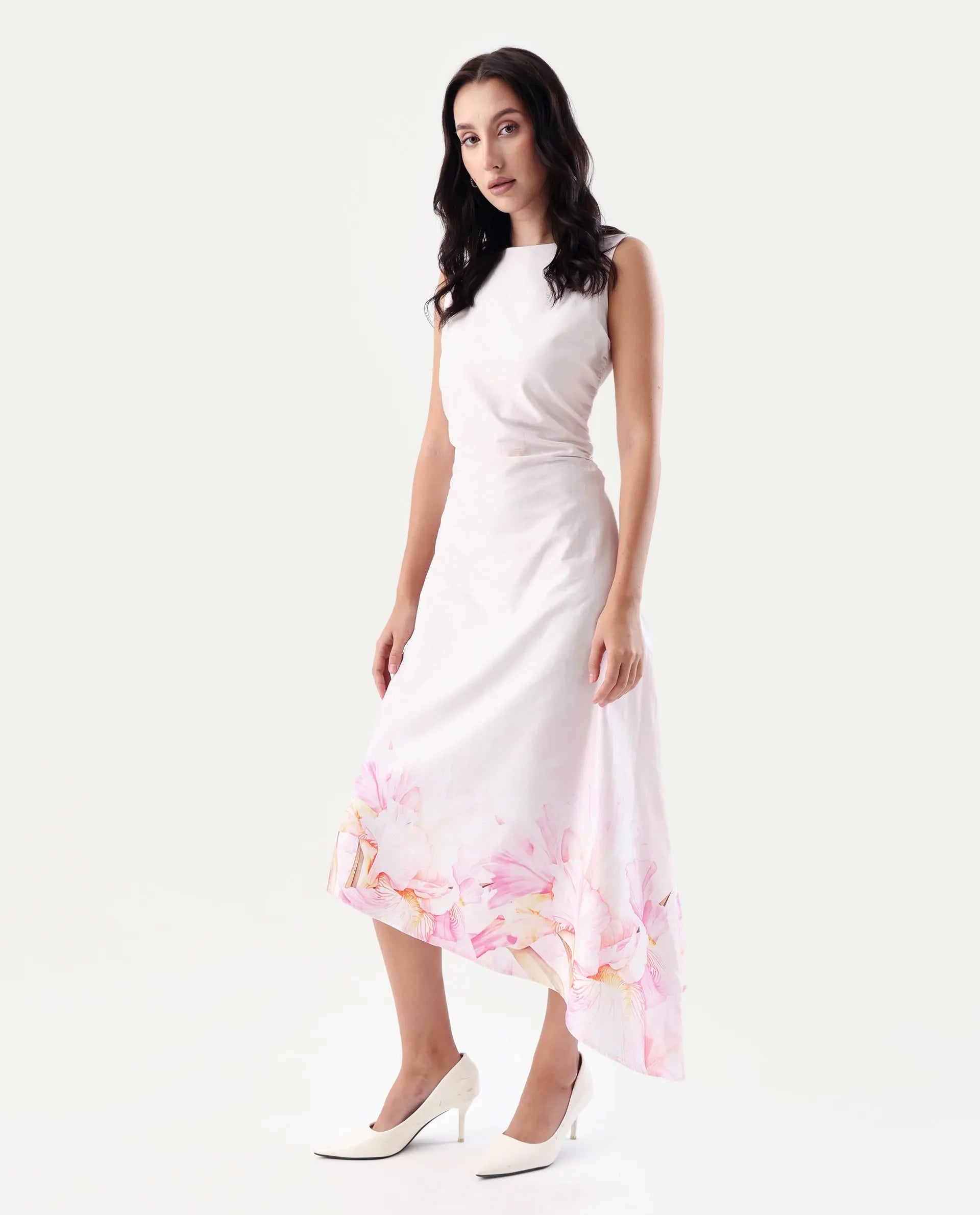 Rareism Women's Epata Off White Cotton Boat Neck Printed Sleeveless Midi Regular Fit Dress