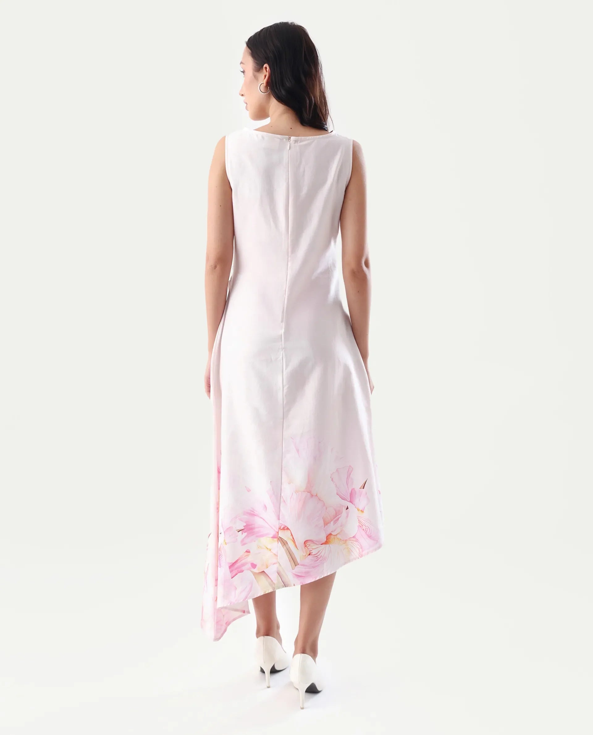 Rareism Women's Epata Off White Cotton Boat Neck Printed Sleeveless Midi Regular Fit Dress