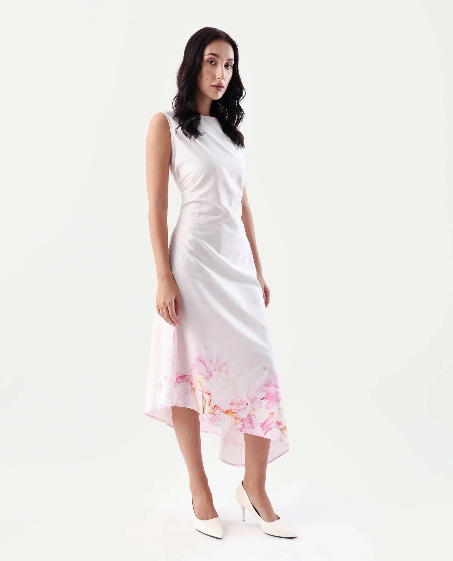 Rareism Women's Epata Off White Cotton Boat Neck Printed Sleeveless Midi Regular Fit Dress